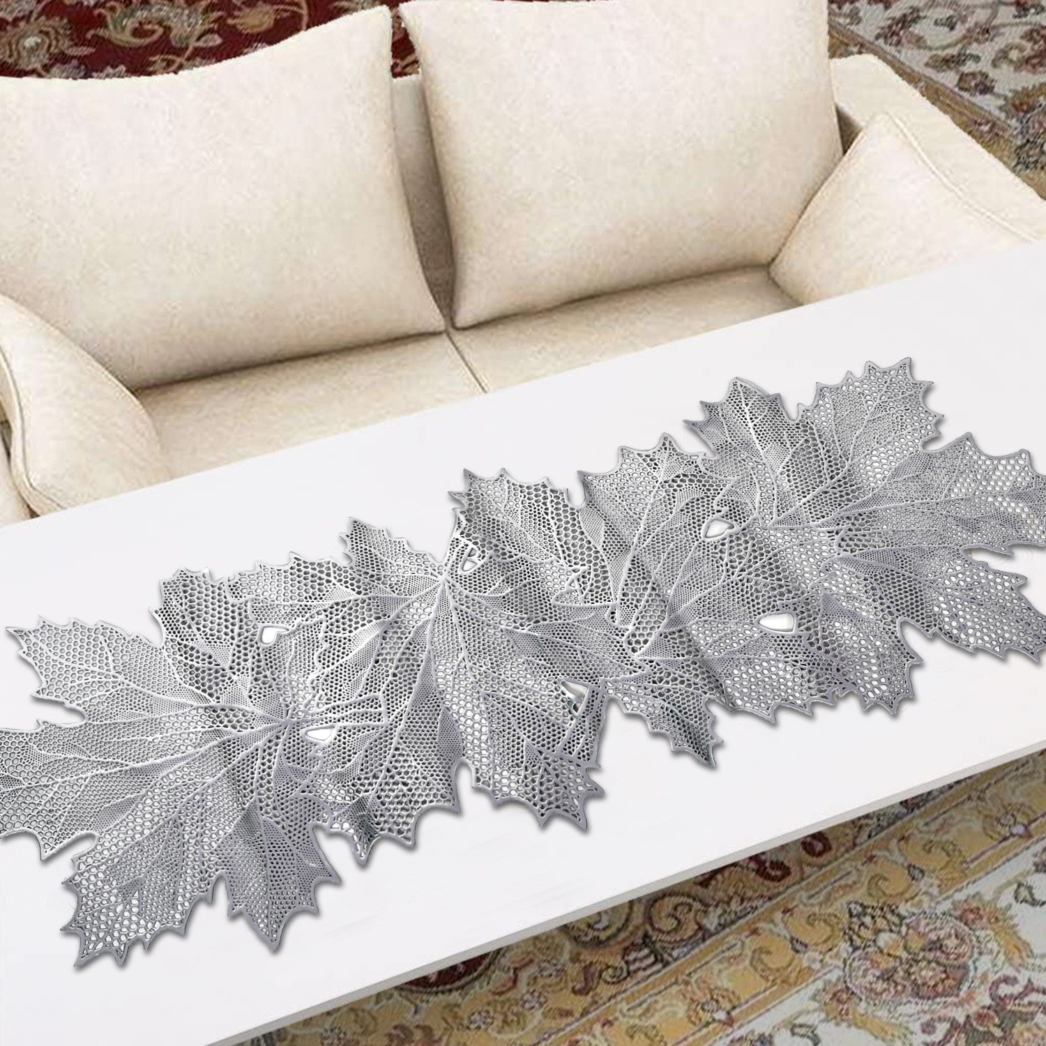 Kuber Industries Leaf Design Soft Leather Table Runner For Patios Family Dinner Office Kitchen Table (Silver)-HS43KUBMART26603