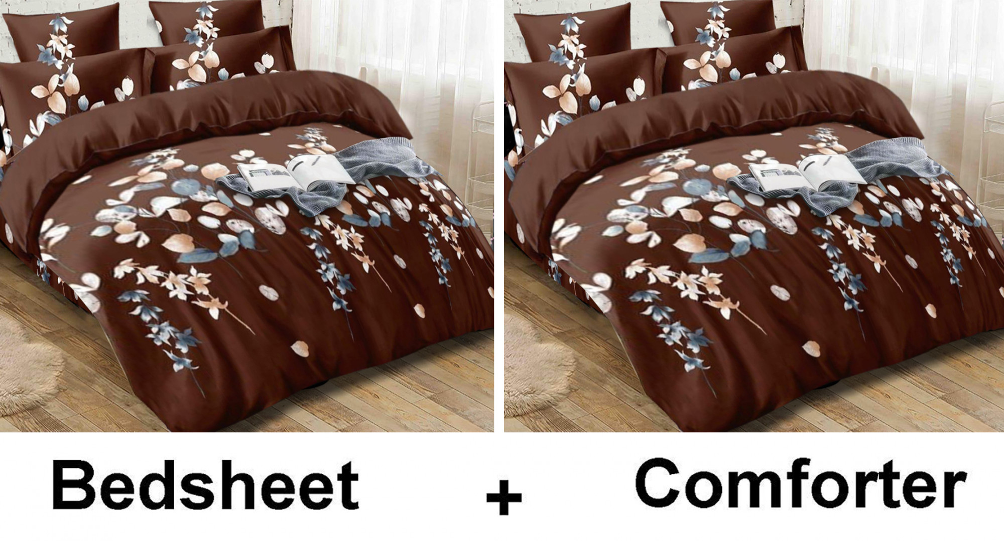Kuber Industries Leaf Print Glace Cotton AC Comforter King Size Bed Comforter, Double Bed Sheet, 2 Pillow Cover (Brown, 90x100 Inches)-Set of 4 Pieces