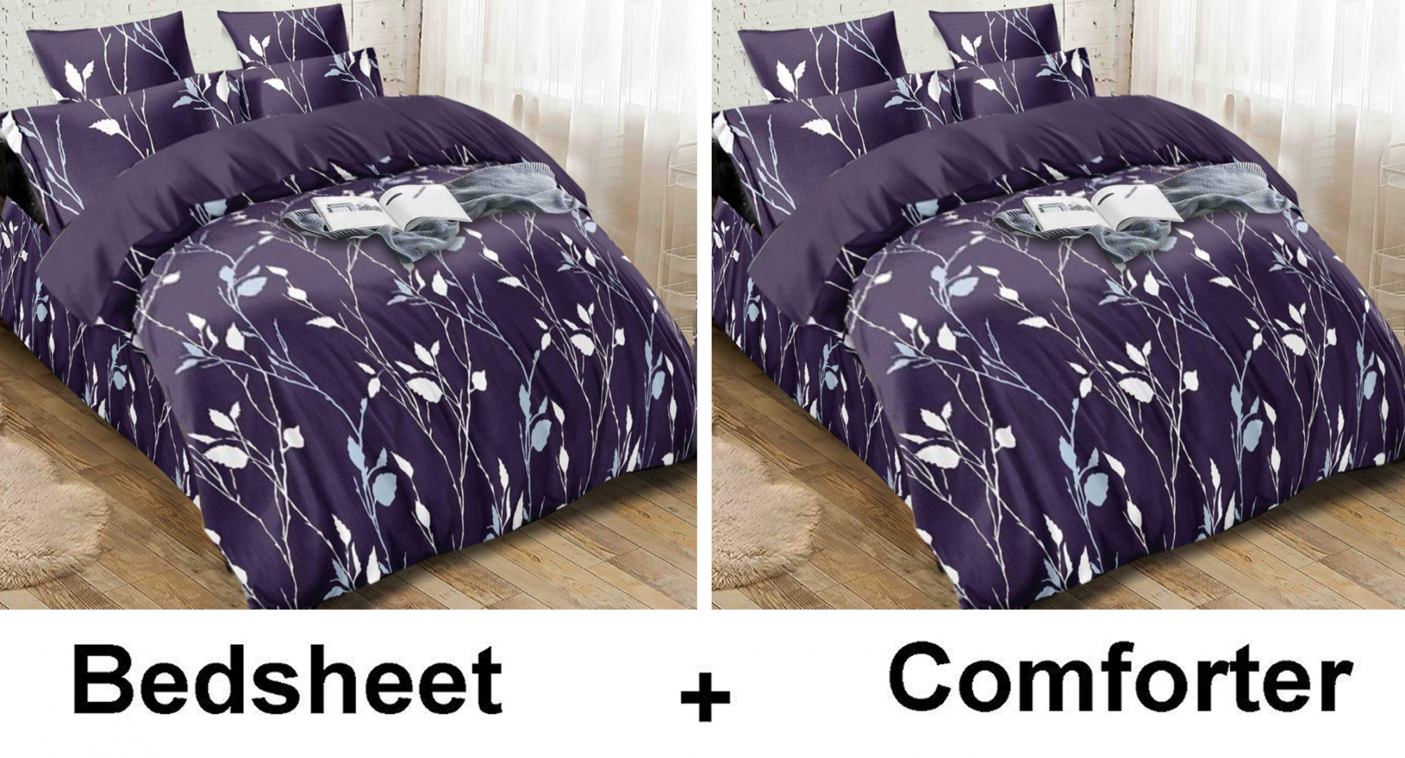 Kuber Industries Leaf Print Glace Cotton AC Comforter King Size Bed Comforter, Double Bed Sheet, 2 Pillow Cover (Purple, 90x100 Inches)-Set of 4 Pieces