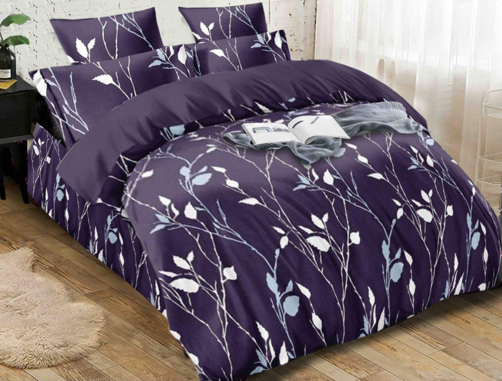 Kuber Industries Leaf Print Glace Cotton Double Bedsheet with 2 Pillow Covers (Purple)