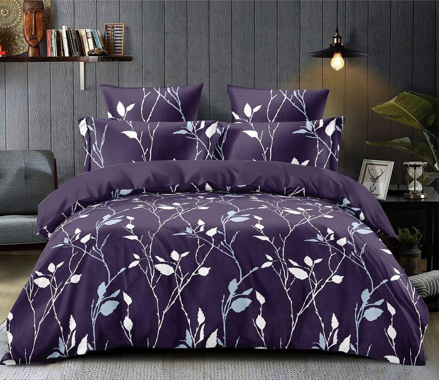 Kuber Industries Leaf Print Glace Cotton Double Bedsheet with 2 Pillow Covers (Purple)