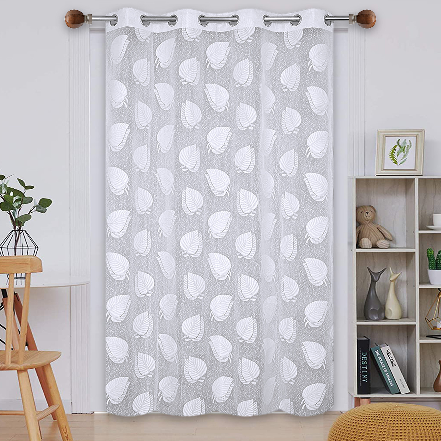 Kuber Industries Leaf Print Home Décor Cotton Door Curtain With 8 Eyeletss, 7 Feet (White)