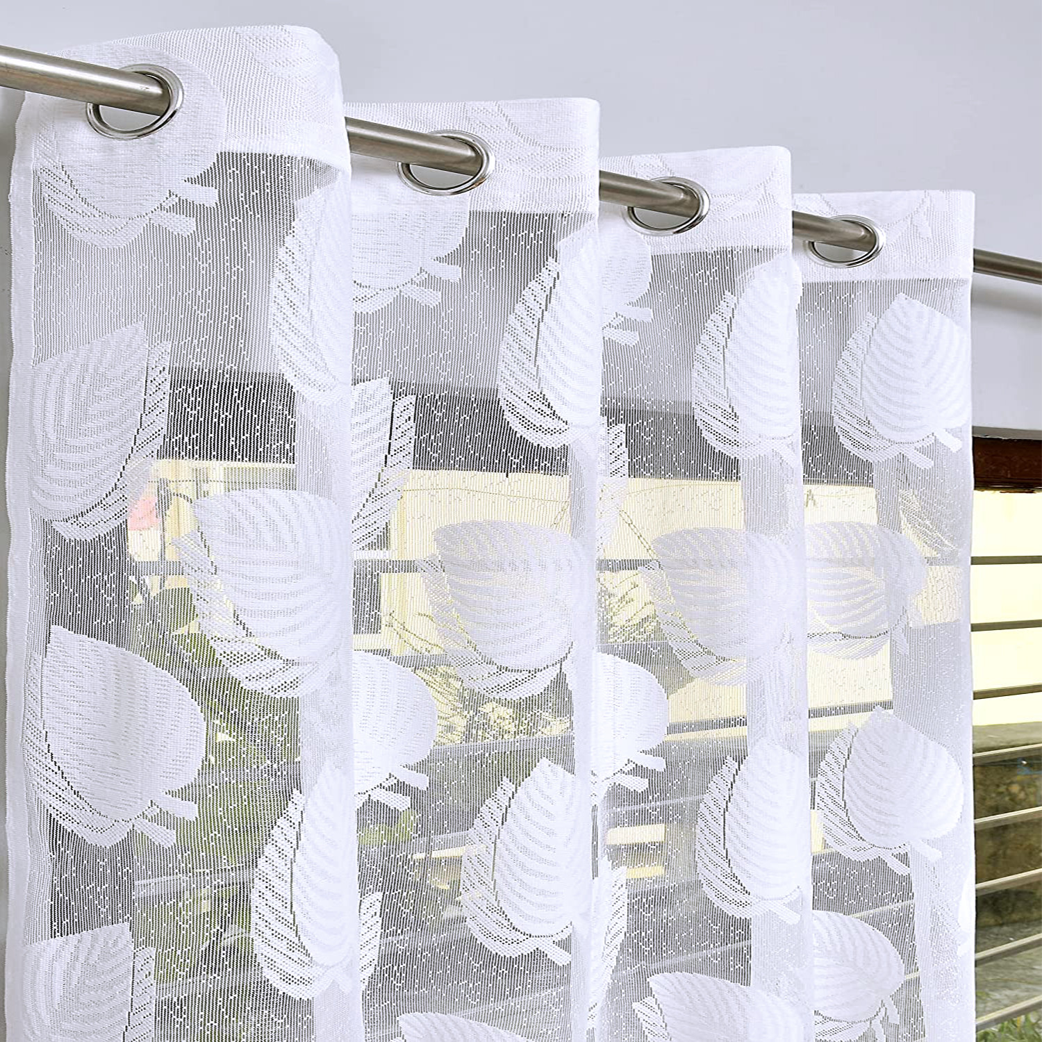 Kuber Industries Leaf Print Home Décor Cotton Door Curtain With 8 Eyeletss, 7 Feet (White)
