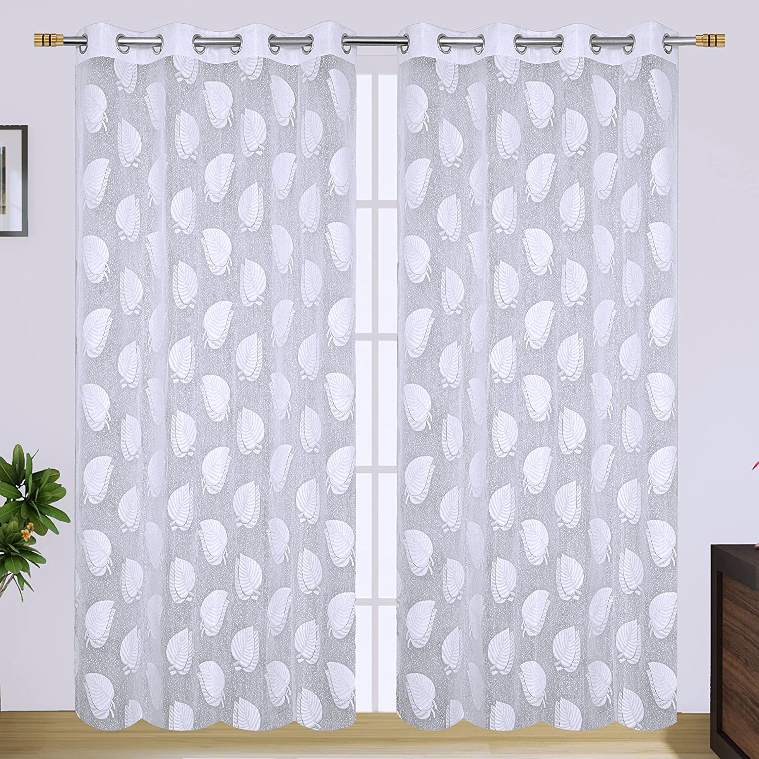 Kuber Industries Leaf Print Home Décor Cotton Door Curtain With 8 Eyeletss, 7 Feet (White)