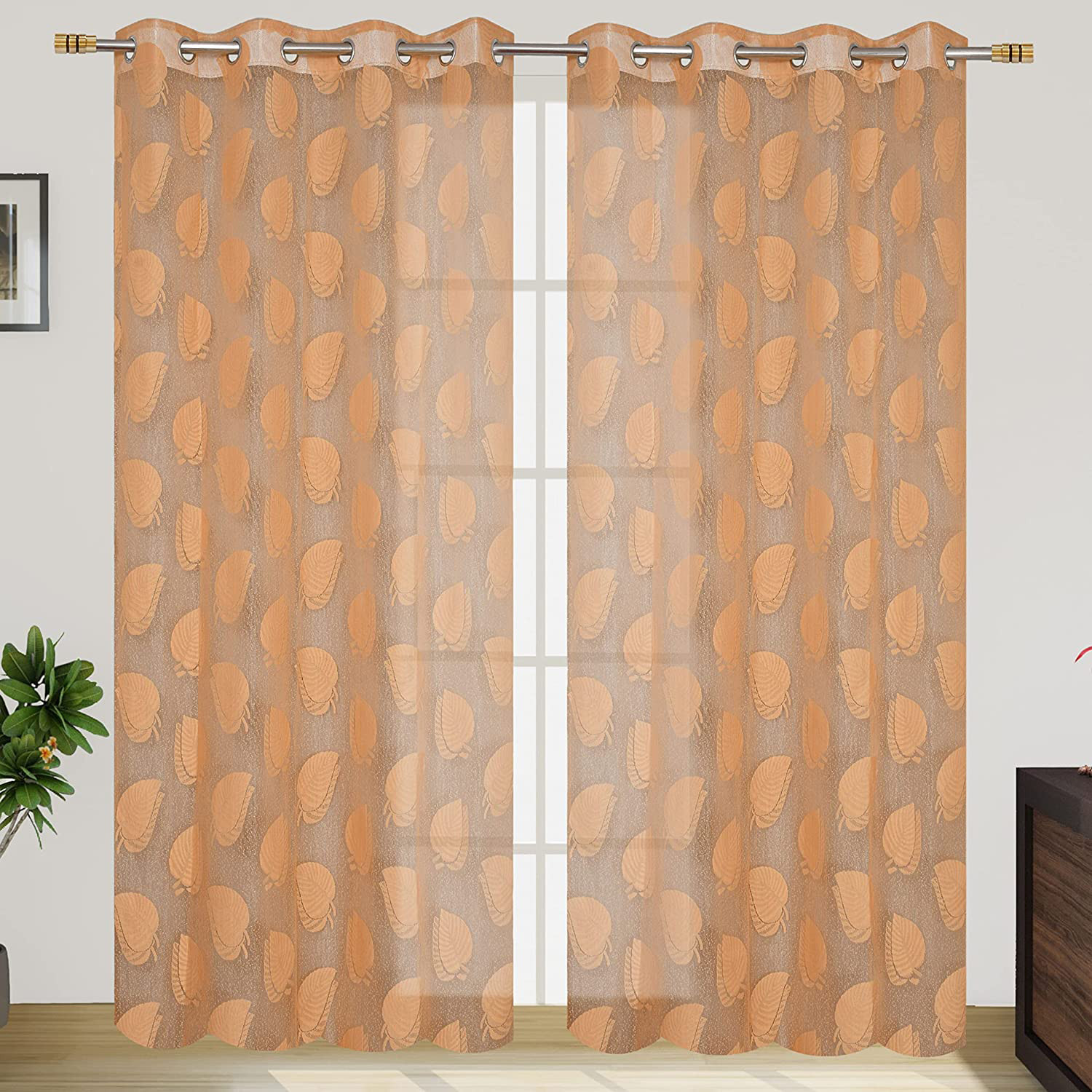 Kuber Industries Leaf Print Home Decor Cotton Door Curtain With 8 Eyeletss, 7 Feet (Brown)