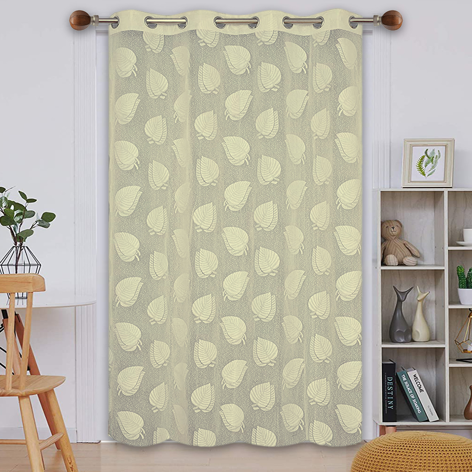 Kuber Industries Leaf Print Home Decor Cotton Door Curtain With 8 Eyeletss, 7 Feet (Cream)