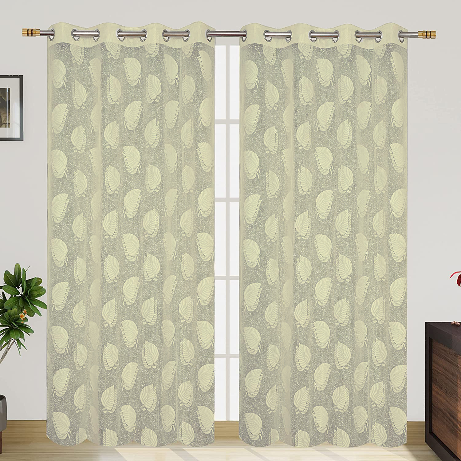 Kuber Industries Leaf Print Home Decor Cotton Door Curtain With 8 Eyeletss, 7 Feet (Cream)