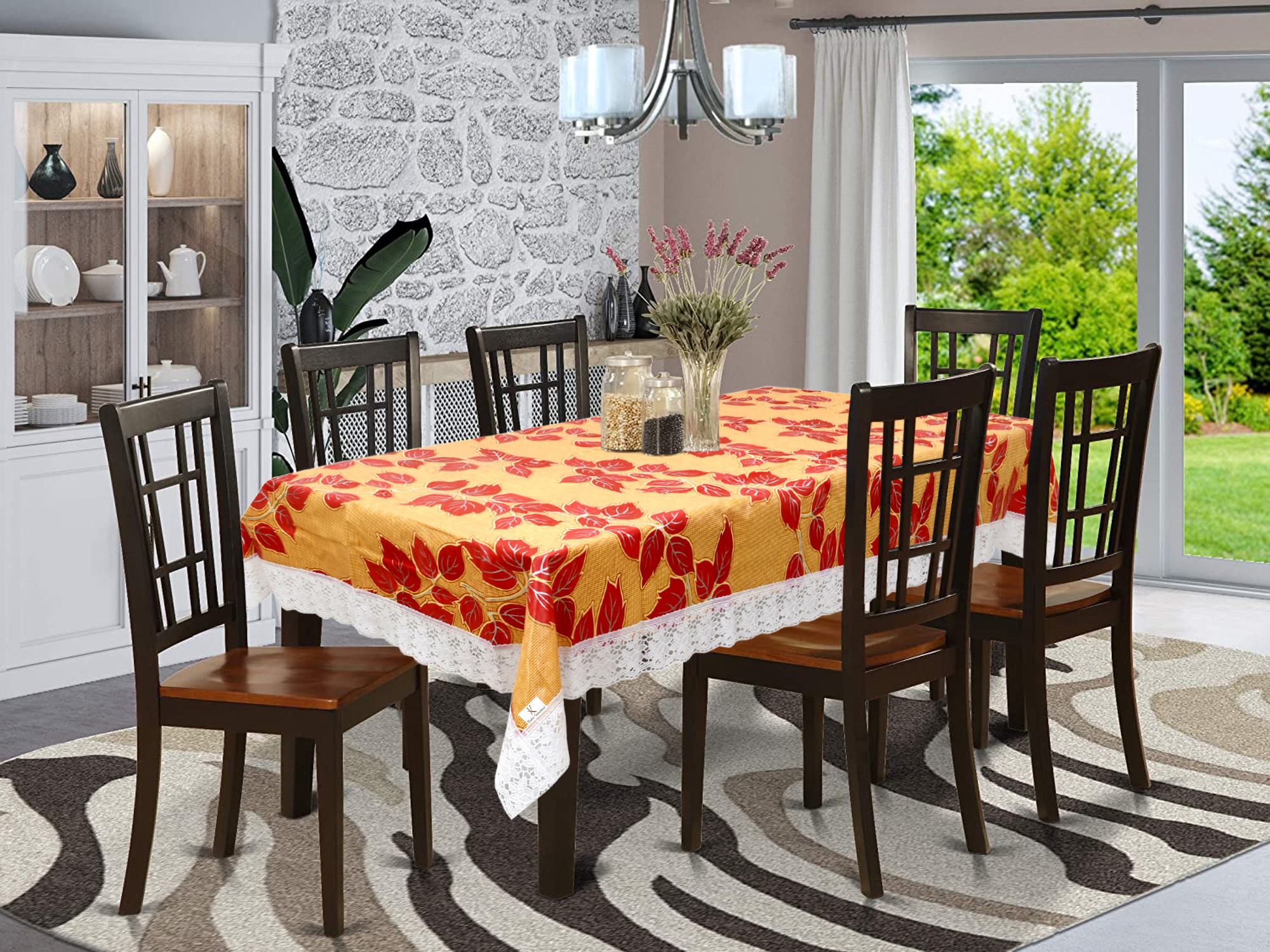 Kuber Industries Leaf Print PVC 6 Seater Dining Table Cover 60