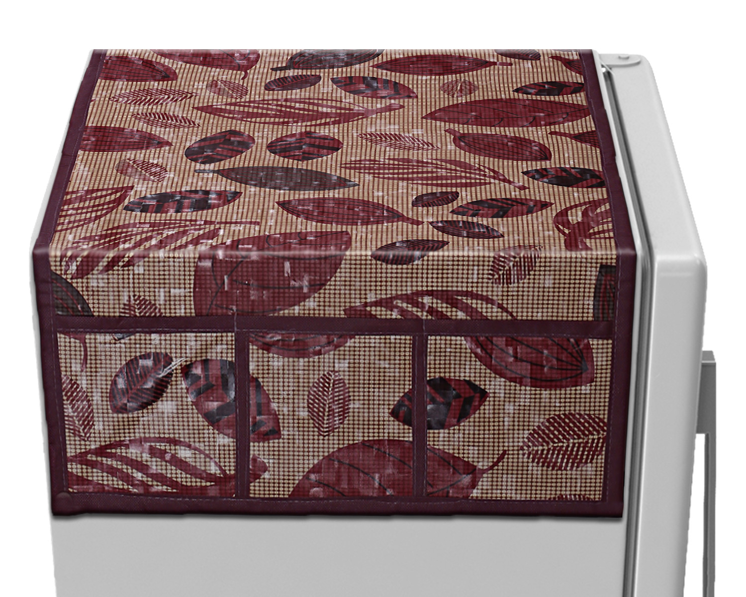 Kuber Industries Leaf Print PVC Fridge Top Cover With 6 Utility Side Pockets (Maroon)