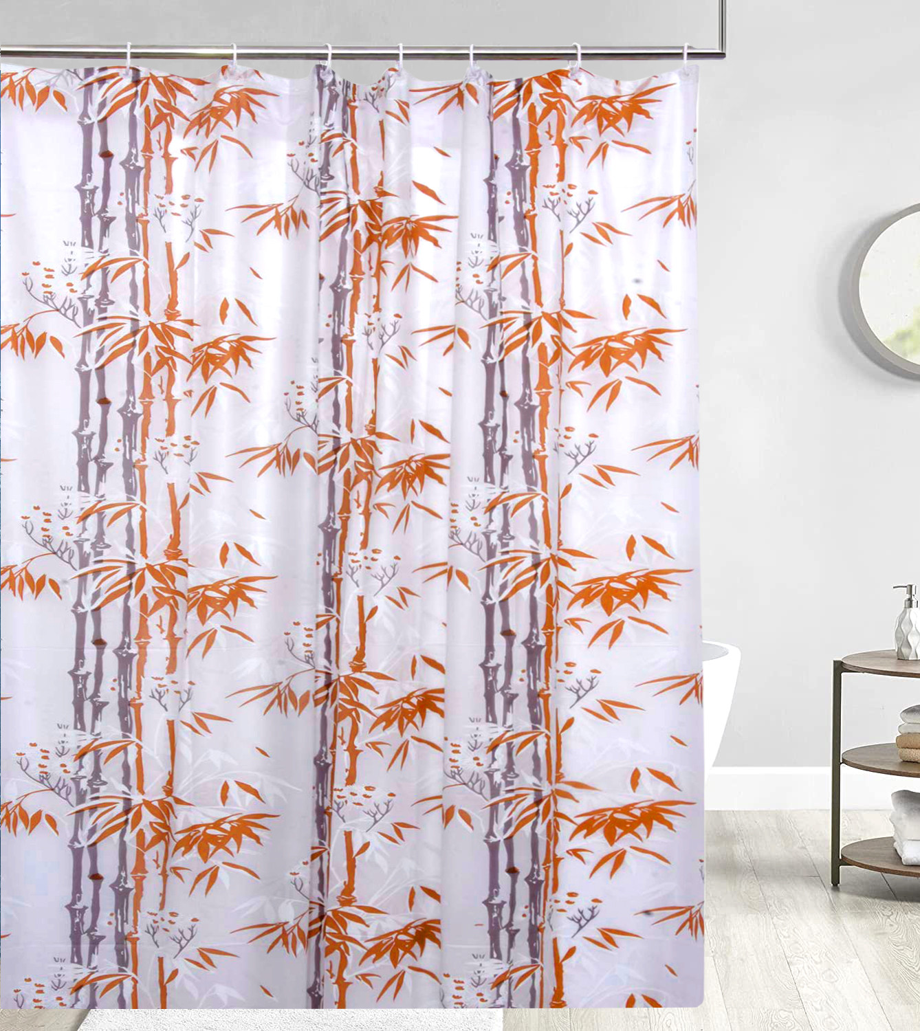 Kuber Industries Leaf Print PVC Shower Curtain With Hooks,7 Feet (Orange & White)