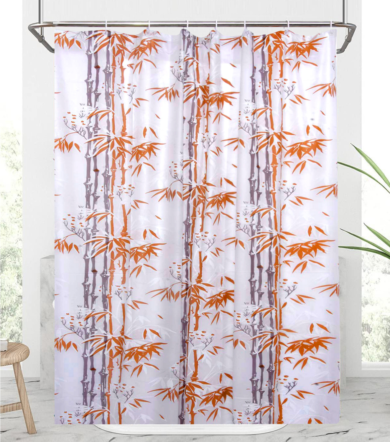 Kuber Industries Leaf Print PVC Shower Curtain With Hooks,7 Feet (Orange & White)