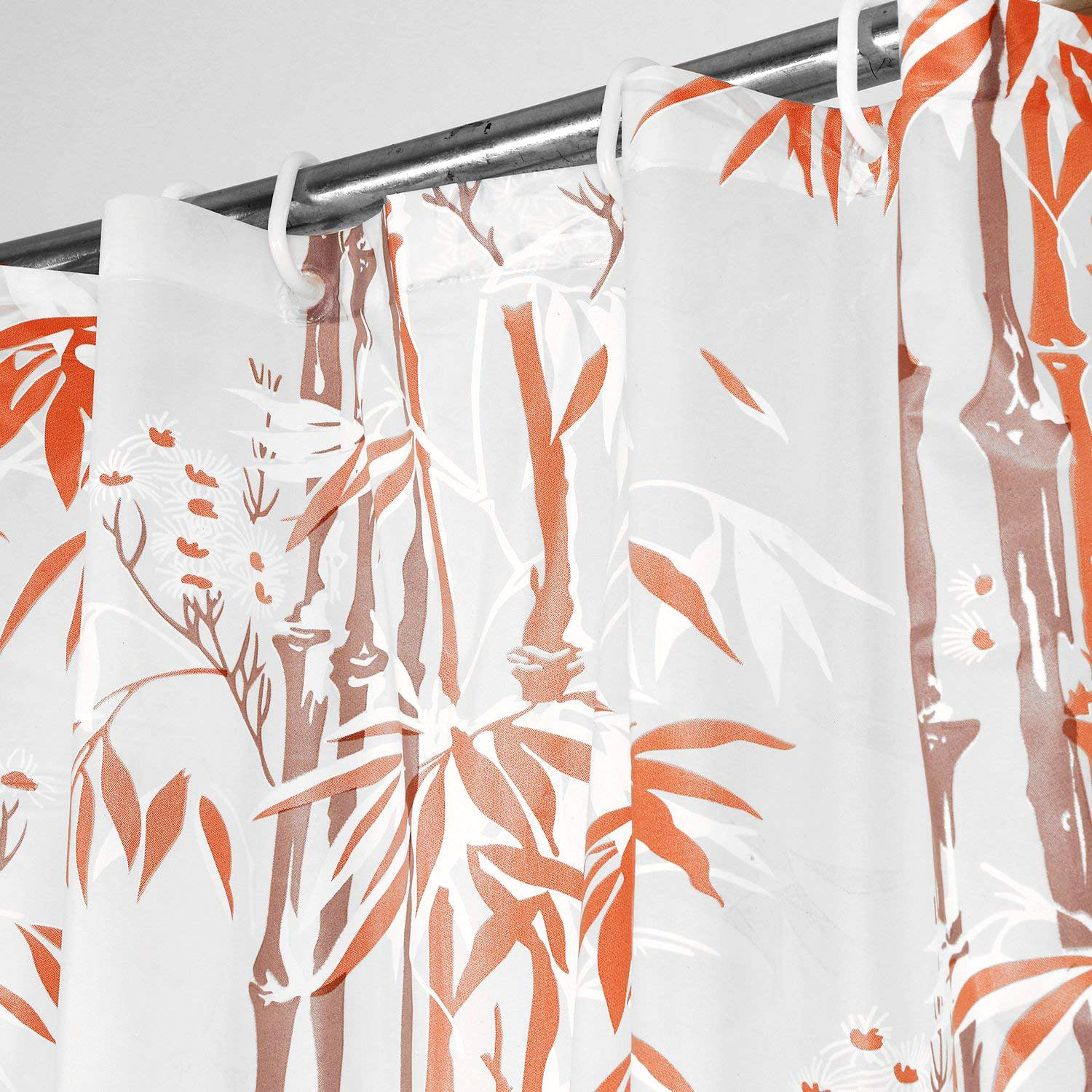 Kuber Industries Leaf Print PVC Shower Curtain With Hooks,7 Feet (Orange & White)