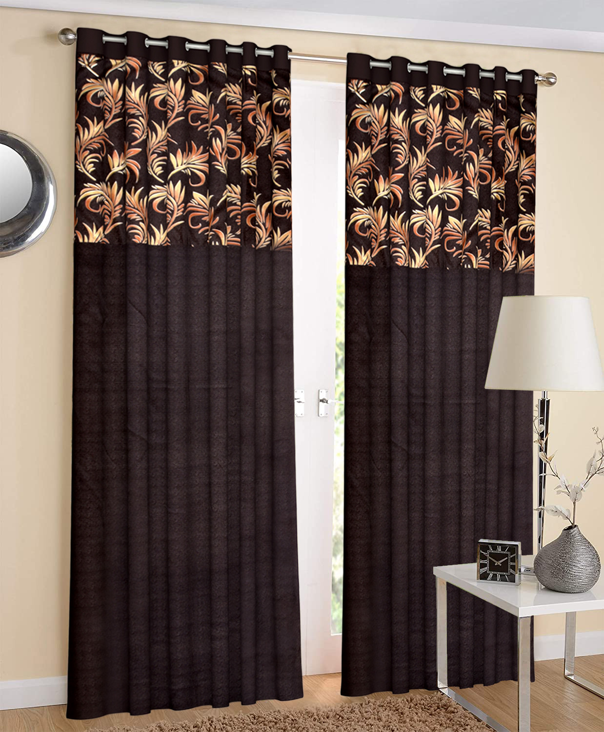 Kuber Industries Leaf Print Room Darkening  Door Curtain, 7 Feet (Brown)
