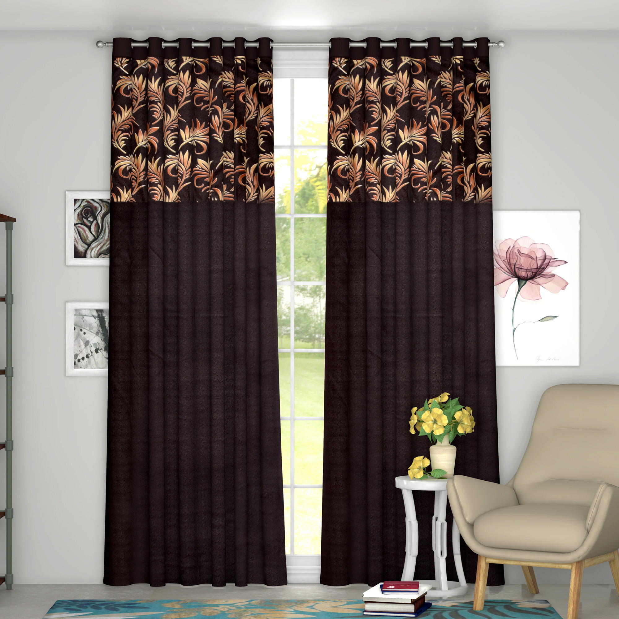 Kuber Industries Leaf Print Room Darkening  Door Curtain, 7 Feet (Brown)