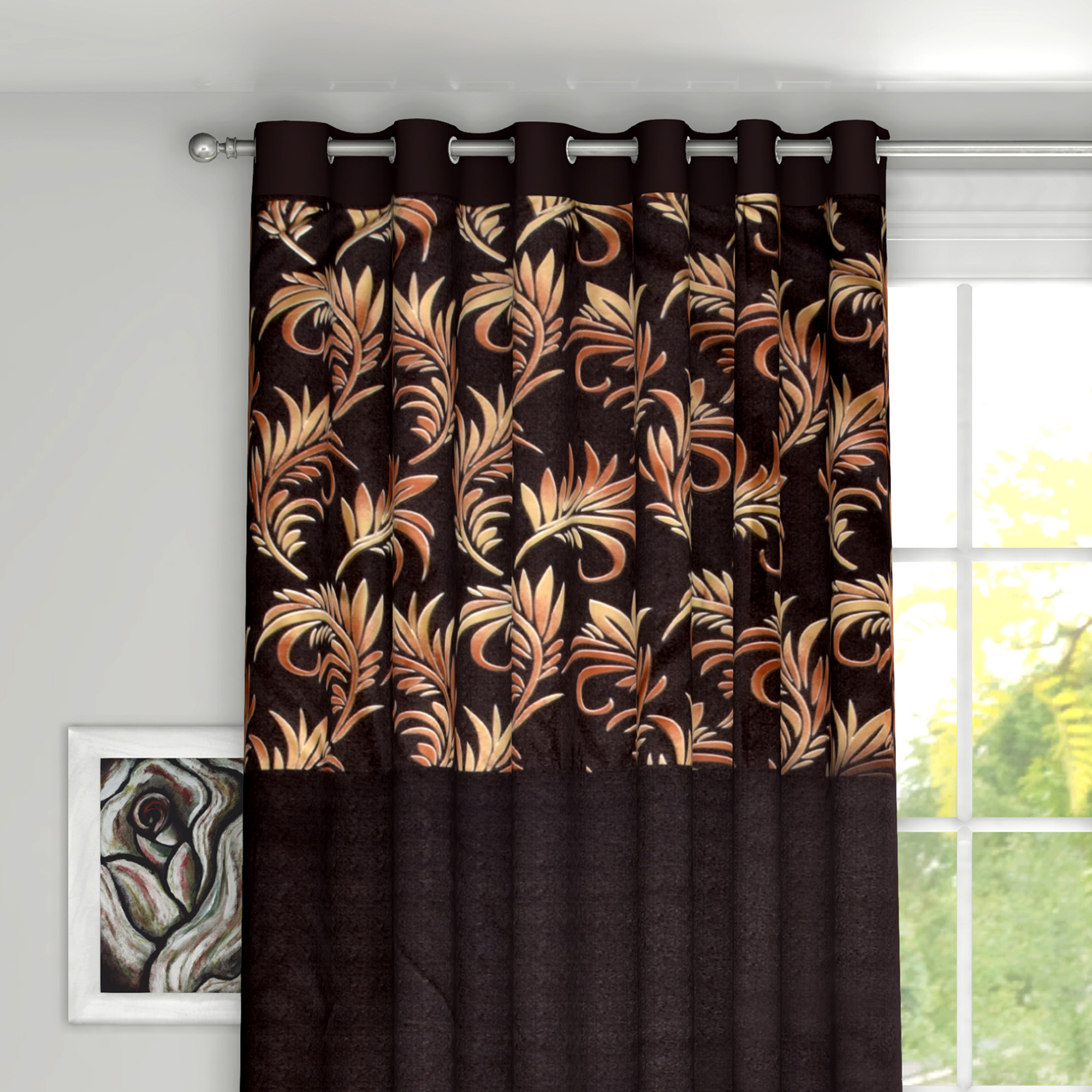 Kuber Industries Leaf Print Room Darkening  Door Curtain, 7 Feet (Brown)