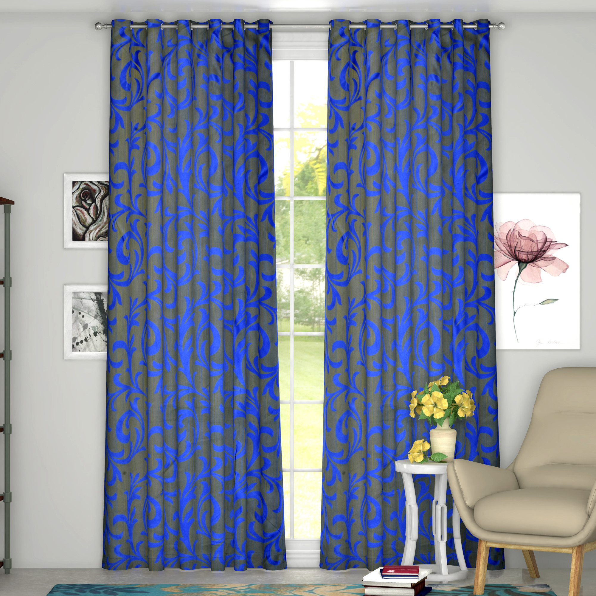 Kuber Industries Leaf Print Room Darkening Door Curtain, 7 Feet (Blue)