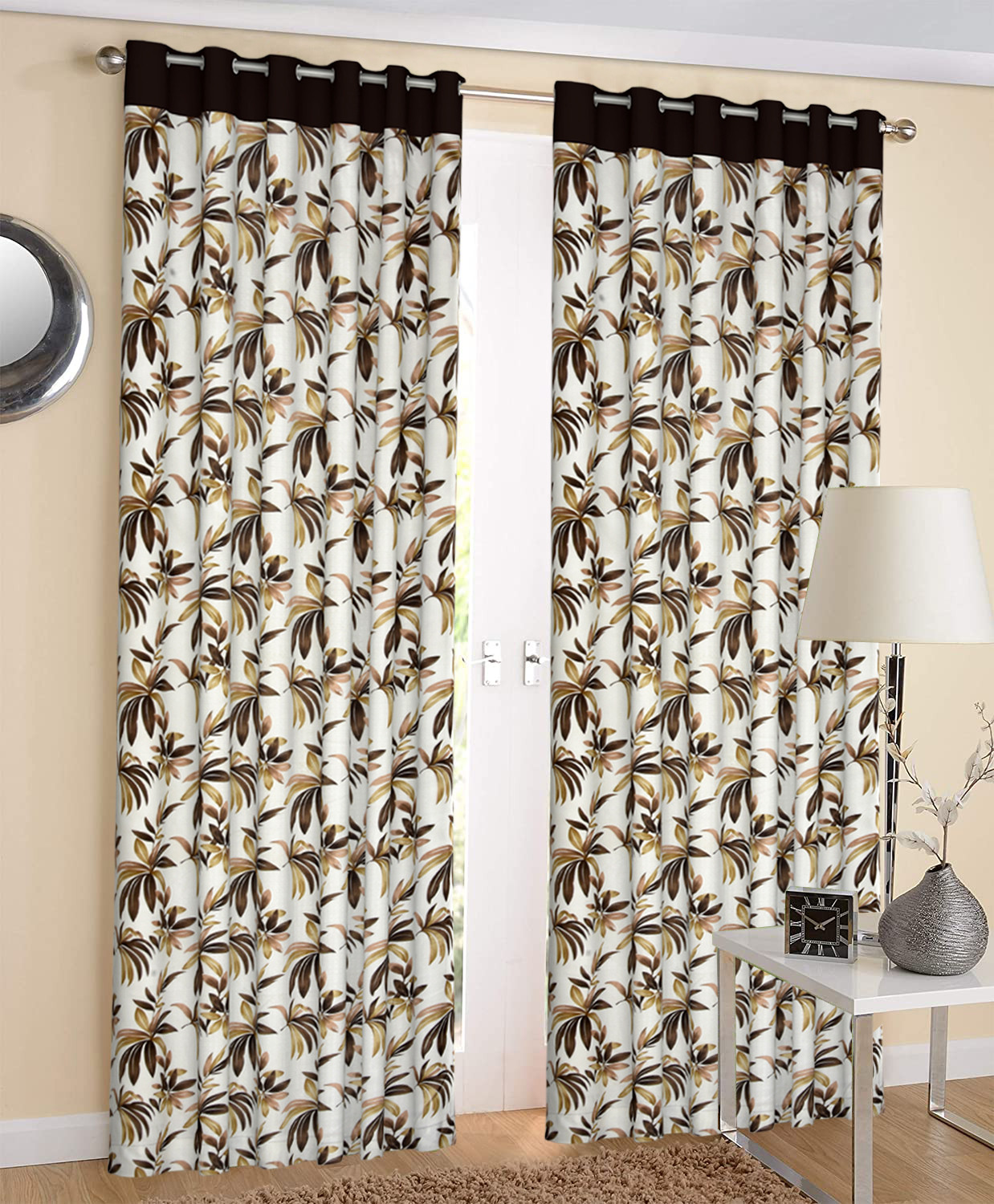 Kuber Industries Leaf Print Room Darkening Door Curtain, 7 Feet (Brown)