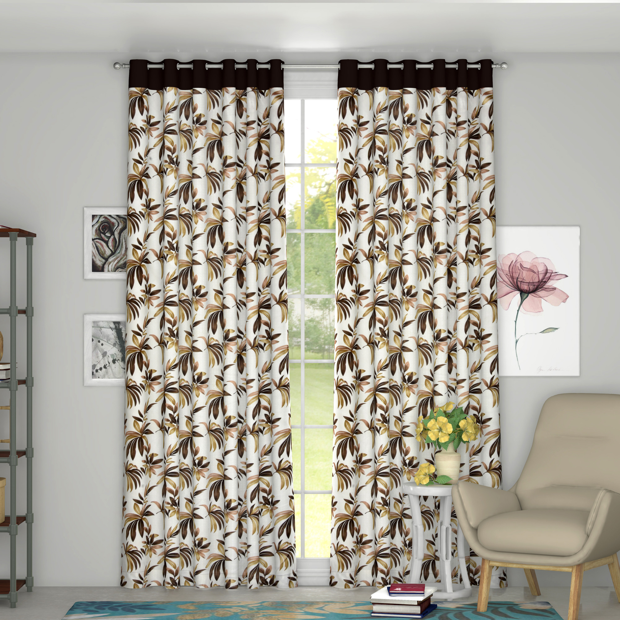 Kuber Industries Leaf Print Room Darkening Door Curtain, 7 Feet (Brown)