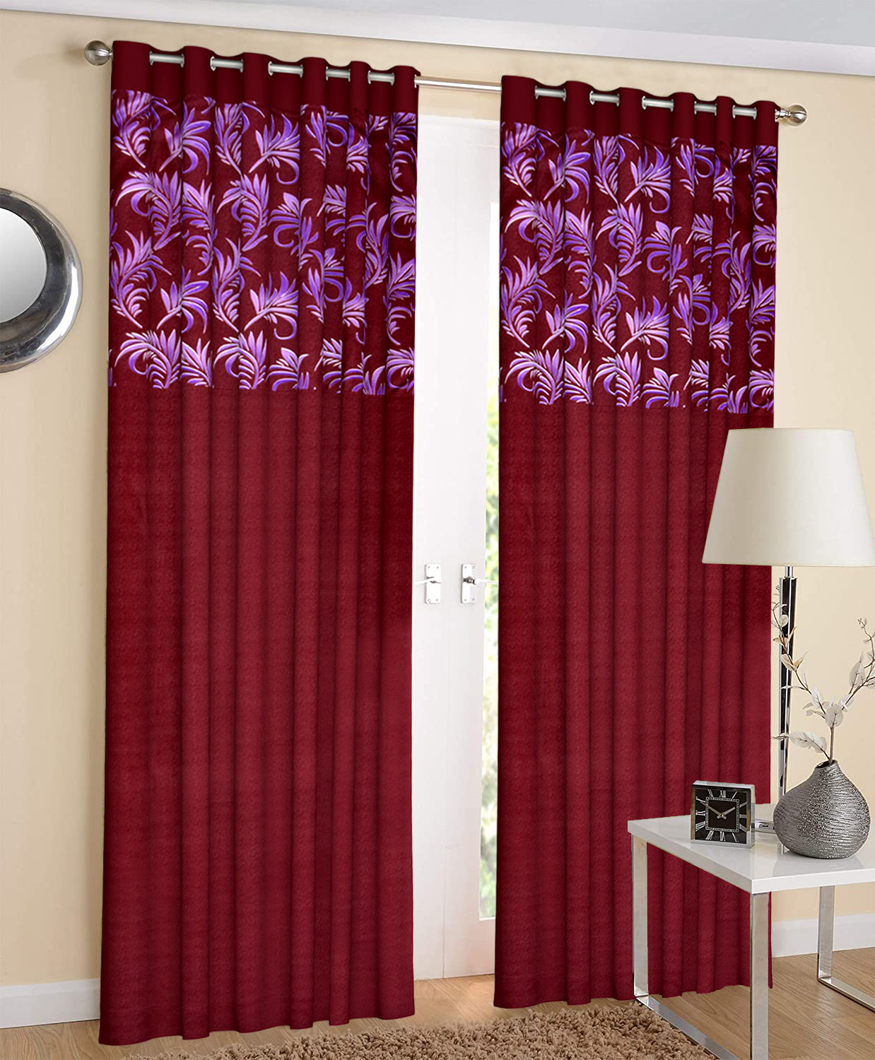 Kuber Industries Leaf Print Room Darkening Door Curtain, 7 Feet (Maroon)