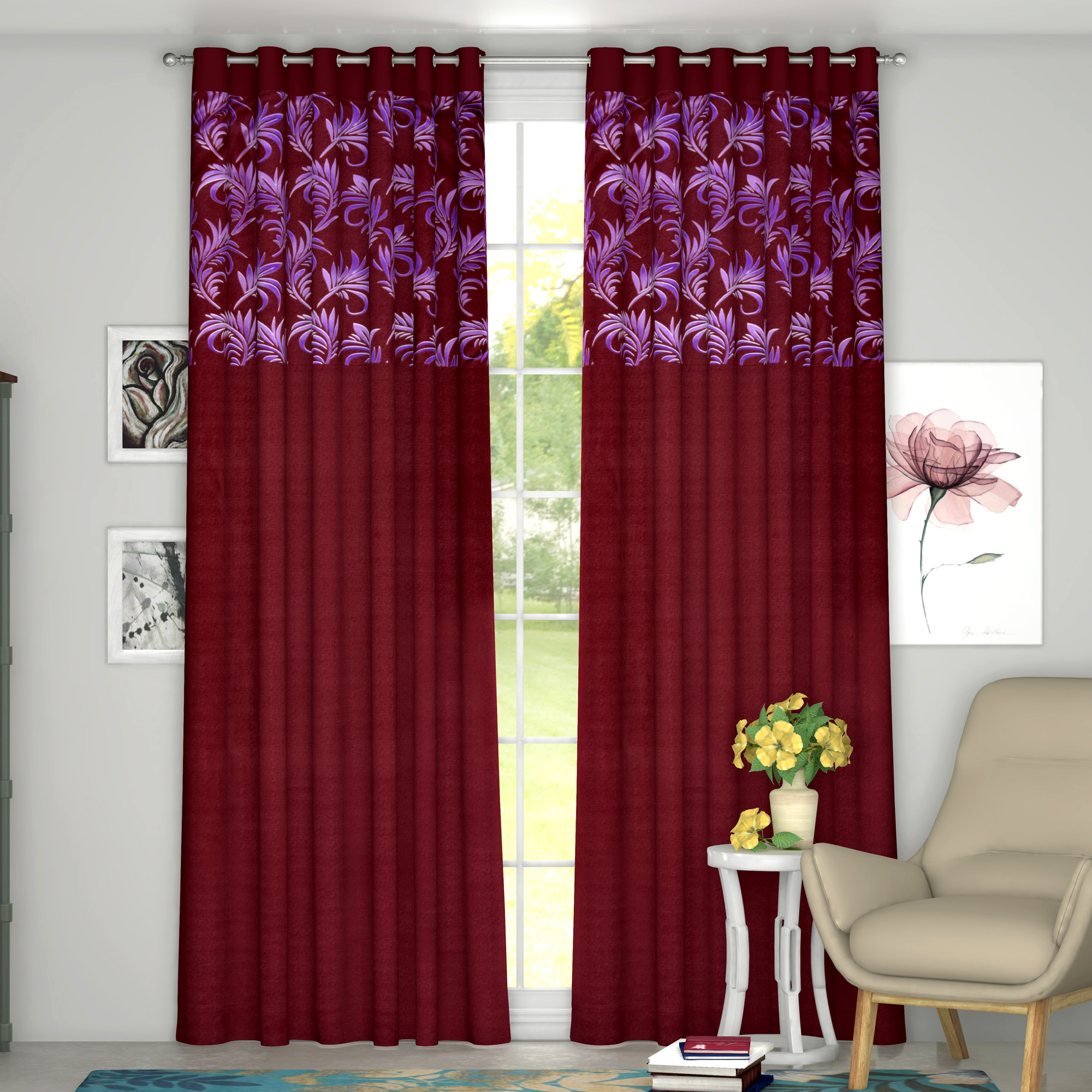 Kuber Industries Leaf Print Room Darkening Door Curtain, 7 Feet (Maroon)