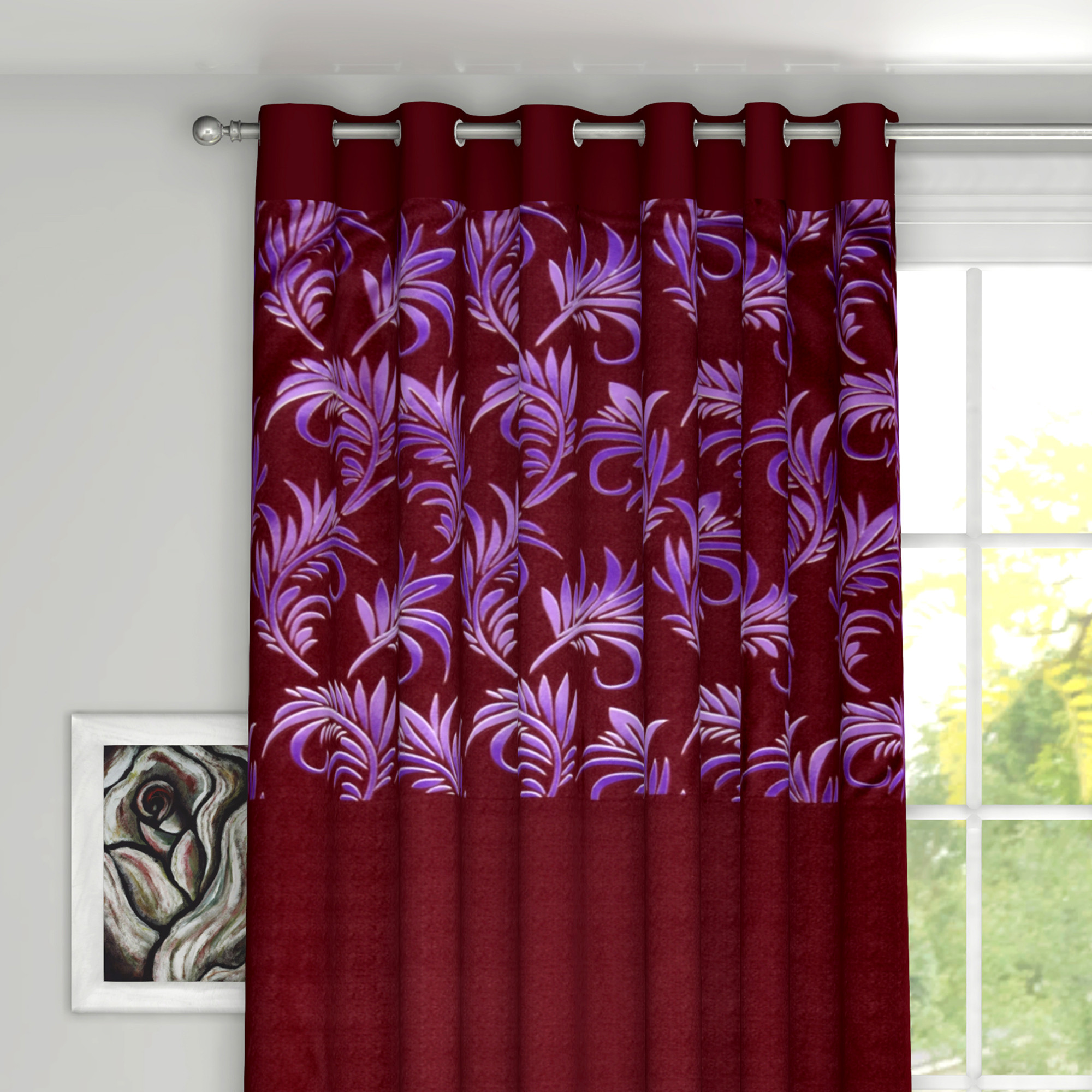 Kuber Industries Leaf Print Room Darkening Door Curtain, 7 Feet (Maroon)