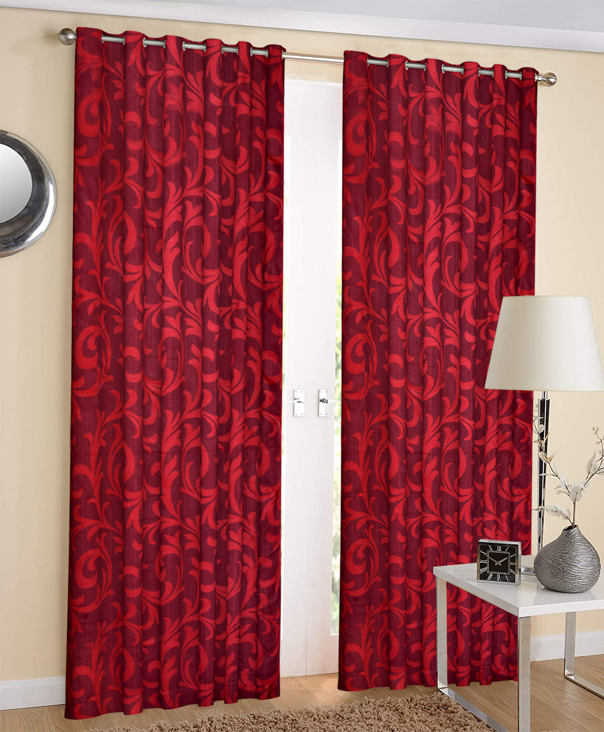 Kuber Industries Leaf Print Room Darkening Door Curtain, 7 Feet (Maroon)