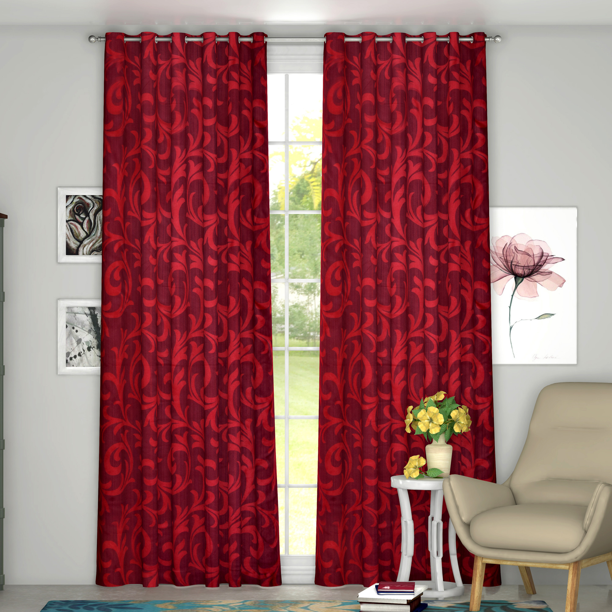 Kuber Industries Leaf Print Room Darkening Door Curtain, 7 Feet (Maroon)