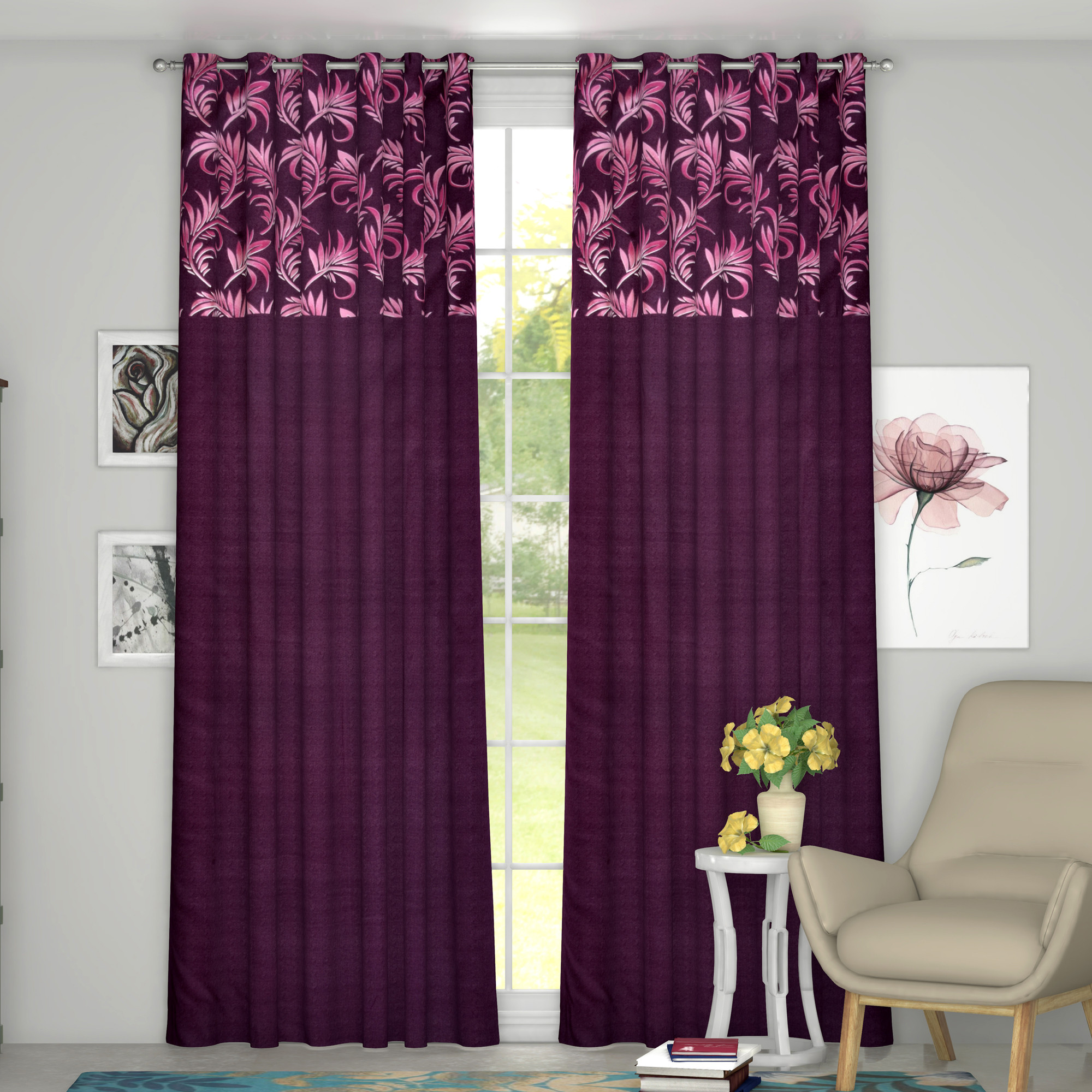 Kuber Industries Leaf Print Room Darkening Door Curtain, 7 Feet (Pink)