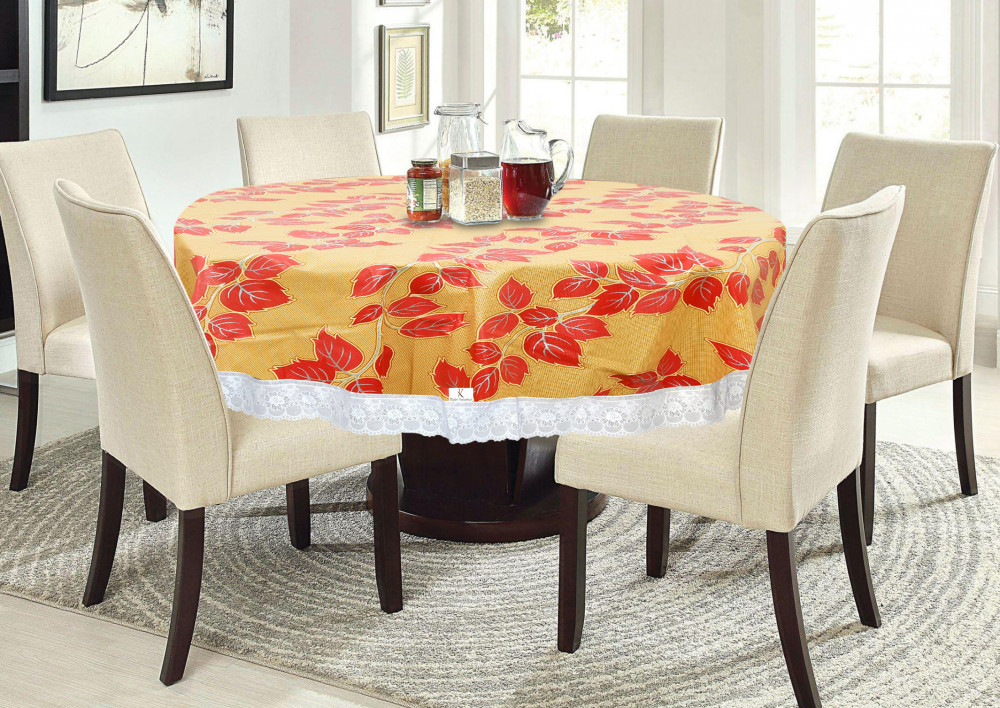 Kuber Industries Leaf Print Round Table Cover 72 Inch-Waterproof PVC Resistant Spillproof PVC Fabric Table Cover for Dining Room Kitchen Party (Gold)-KUBMRT11821