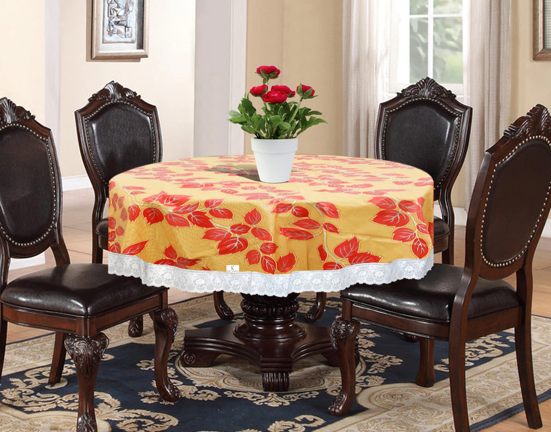 Kuber Industries Leaf Print Round Table Cover, Oil-Proof Spill-Proof and Water Resistance PVC Table Cover, Decorative Fabric Circular Table Cover for Outdoor and Indoor Use (Gold)-KUBMRT11814