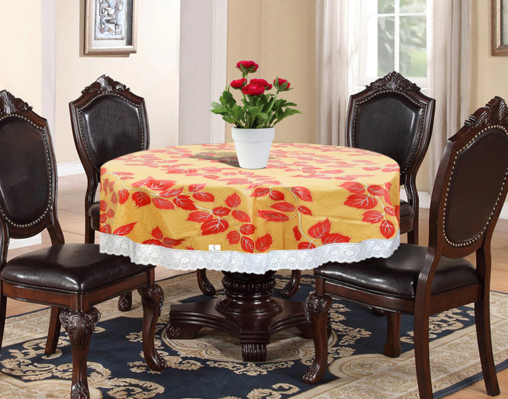 Kuber Industries Leaf Print Round Table Cover, Oil-Proof Spill-Proof and Water Resistance PVC Table Cover, Decorative Fabric Circular Table Cover for Outdoor and Indoor Use (Gold)-KUBMRT11814