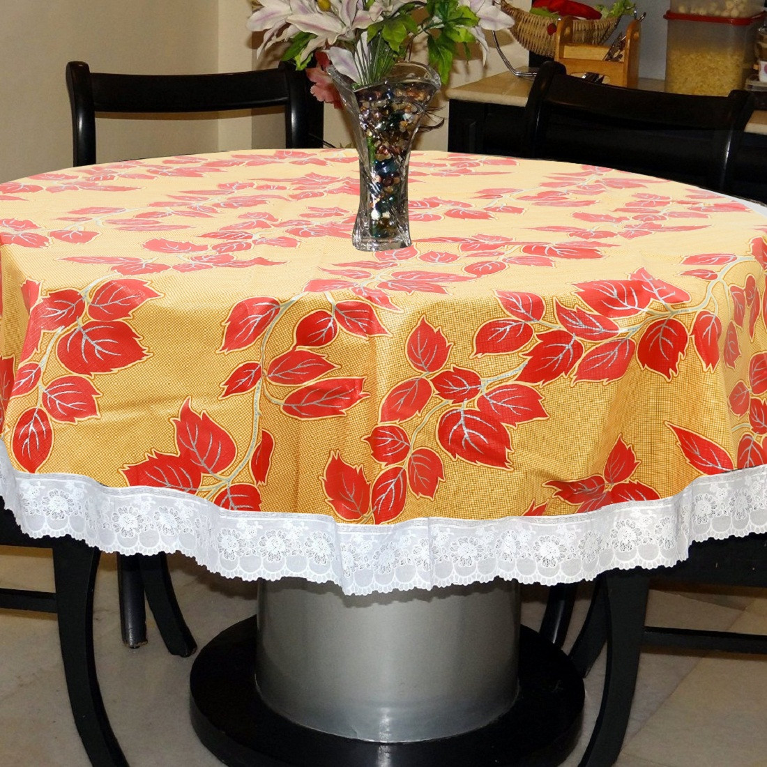 Kuber Industries Leaf Print Round Table Cover, Oil-Proof Spill-Proof and Water Resistance PVC Table Cover, Decorative Fabric Circular Table Cover for Outdoor and Indoor Use (Gold)-KUBMRT11814