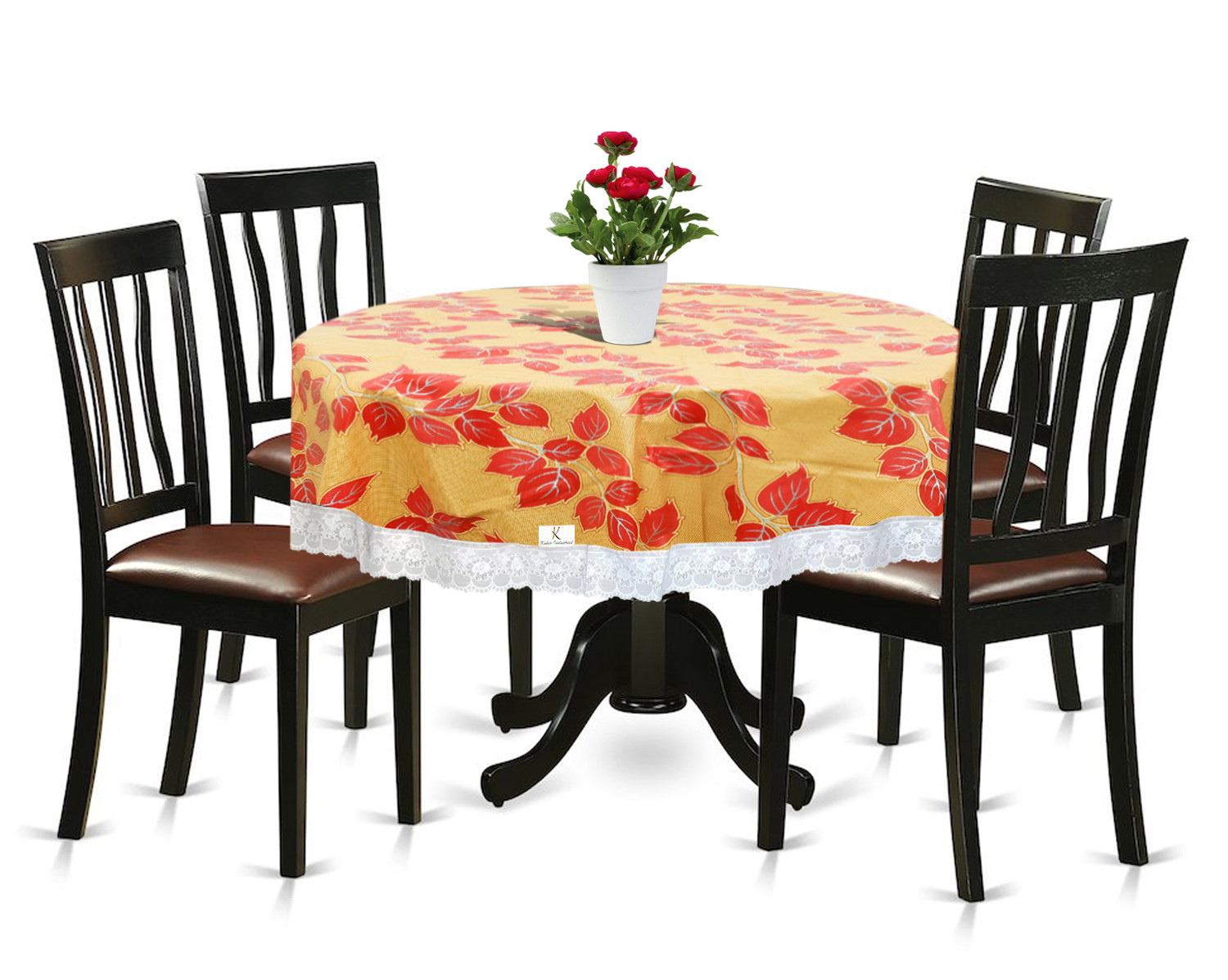 Kuber Industries Leaf Print Round Table Cover, Oil-Proof Spill-Proof and Water Resistance PVC Table Cover, Decorative Fabric Circular Table Cover for Outdoor and Indoor Use (Gold)-KUBMRT11814