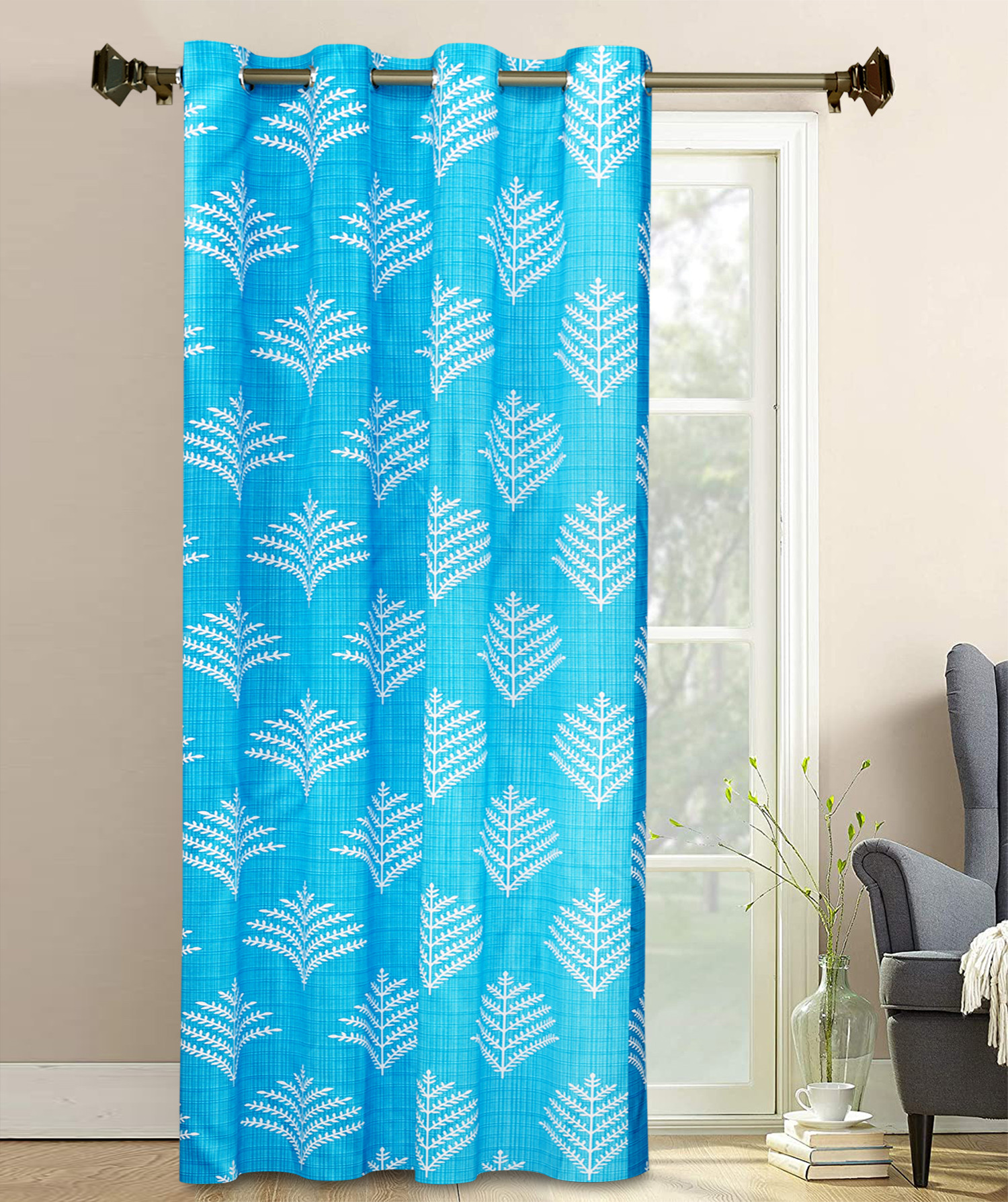 Kuber Industries Leaf Printed 7 Feet Door Curtain For Living Room, Bed Room, Kids Room With 8 Eyelet (Blue)-HS43KUBMART25589
