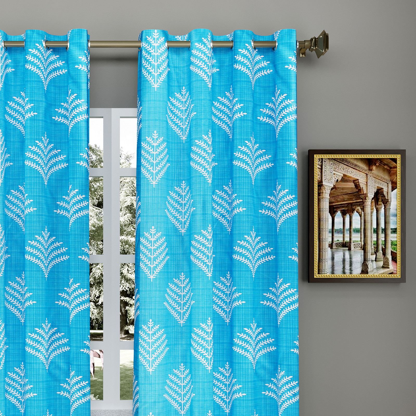 Kuber Industries Leaf Printed 7 Feet Door Curtain For Living Room, Bed Room, Kids Room With 8 Eyelet (Blue)-HS43KUBMART25589