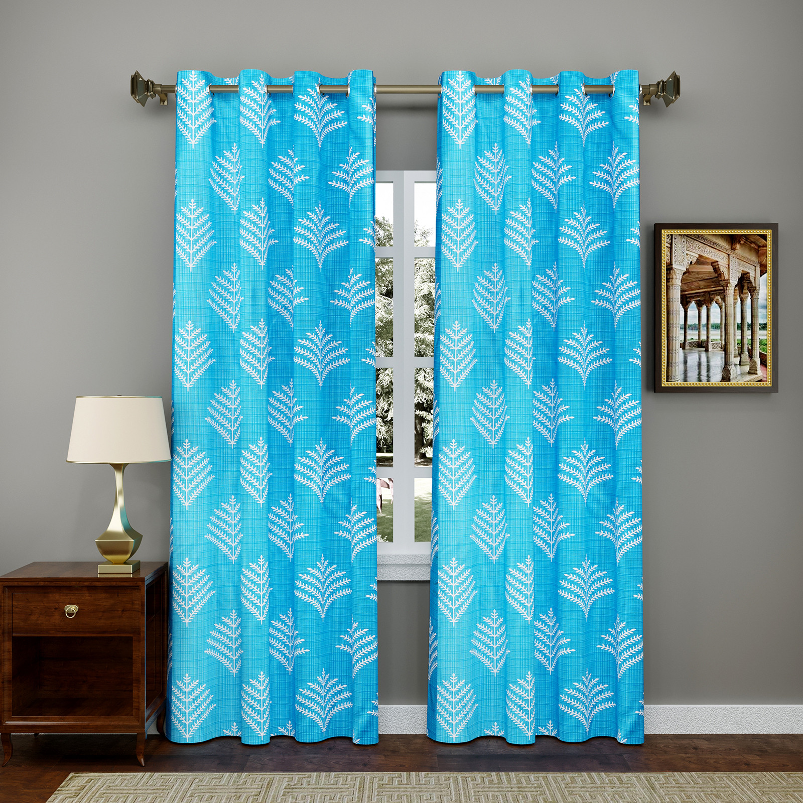 Kuber Industries Leaf Printed 7 Feet Door Curtain For Living Room, Bed Room, Kids Room With 8 Eyelet (Blue)-HS43KUBMART25589