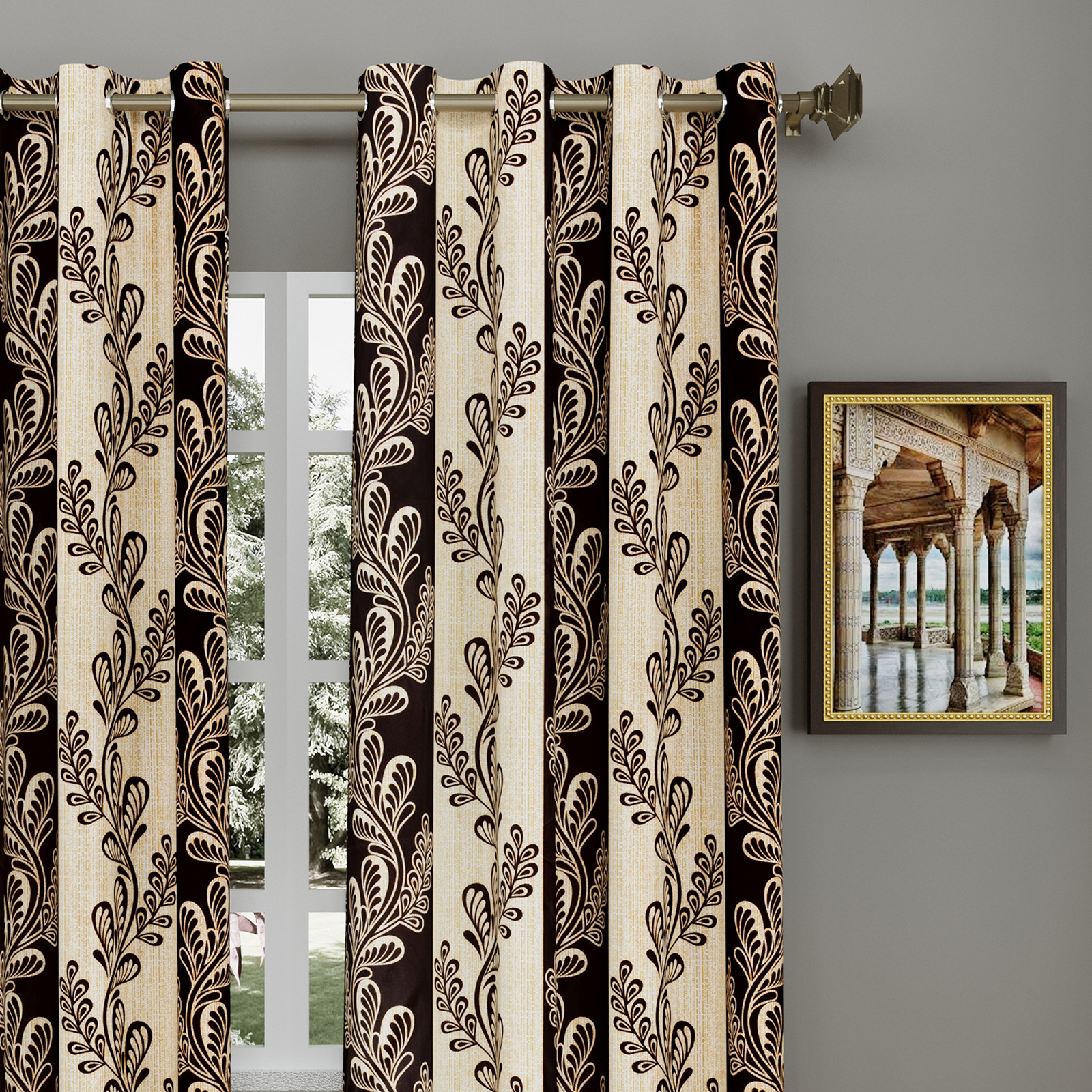 Kuber Industries Leaf Printed 7 Feet Door Curtain For Living Room, Bed Room, Kids Room With 8 Eyelet (Brown)-HS43KUBMART25597