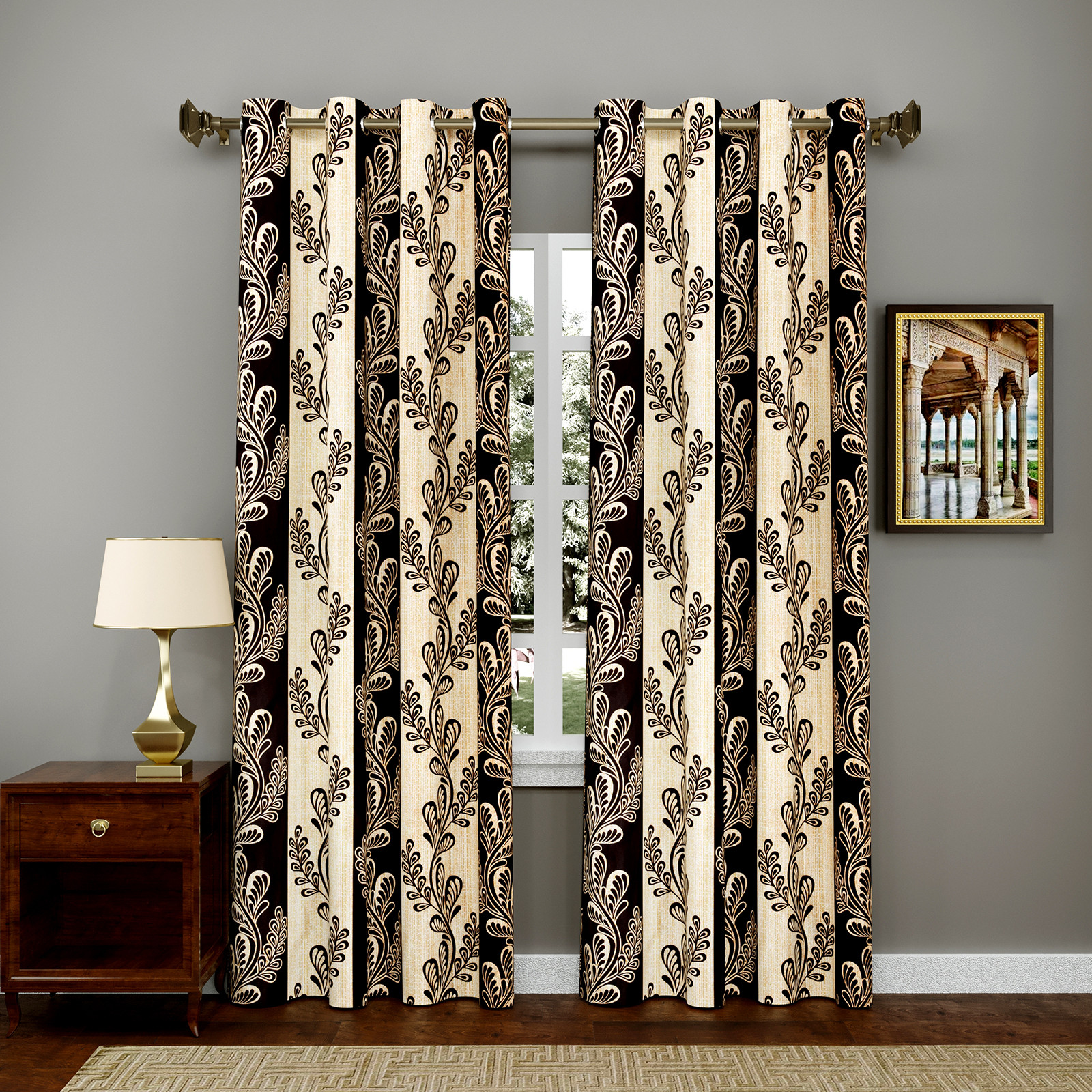 Kuber Industries Leaf Printed 7 Feet Door Curtain For Living Room, Bed Room, Kids Room With 8 Eyelet (Brown)-HS43KUBMART25597