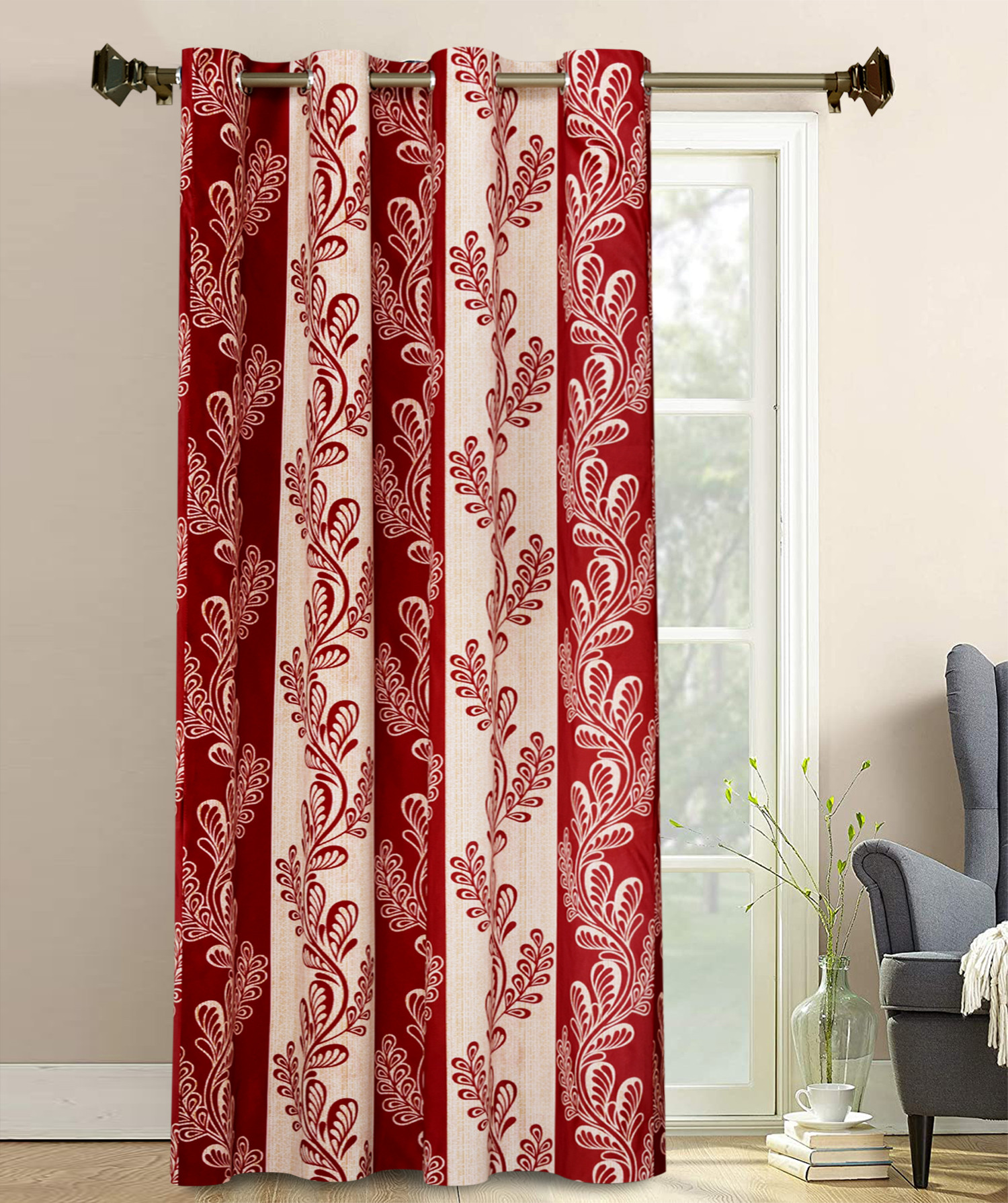 Kuber Industries Leaf Printed 7 Feet Door Curtain For Living Room, Bed Room, Kids Room With 8 Eyelet (Maroon)-HS43KUBMART25593