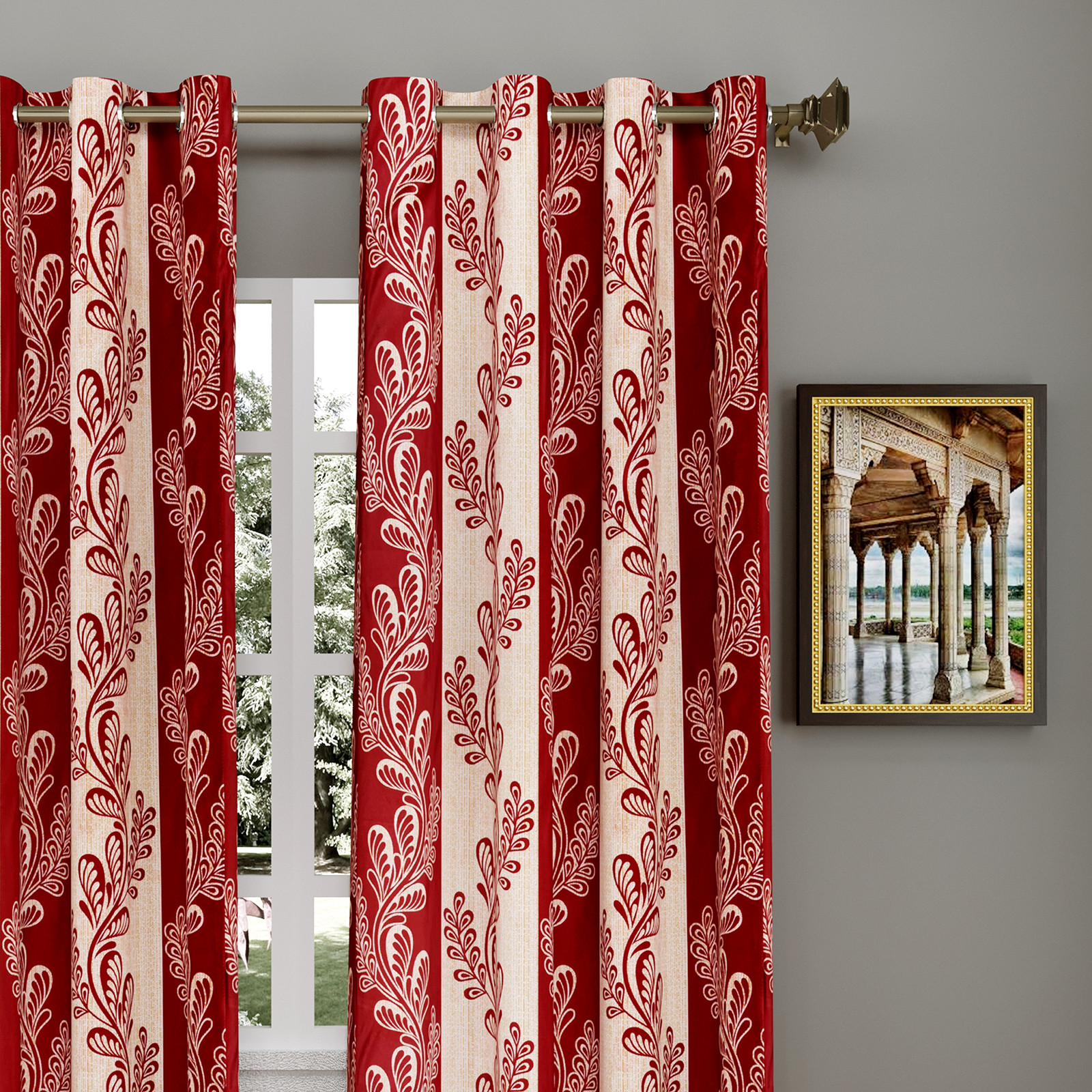 Kuber Industries Leaf Printed 7 Feet Door Curtain For Living Room, Bed Room, Kids Room With 8 Eyelet (Maroon)-HS43KUBMART25593