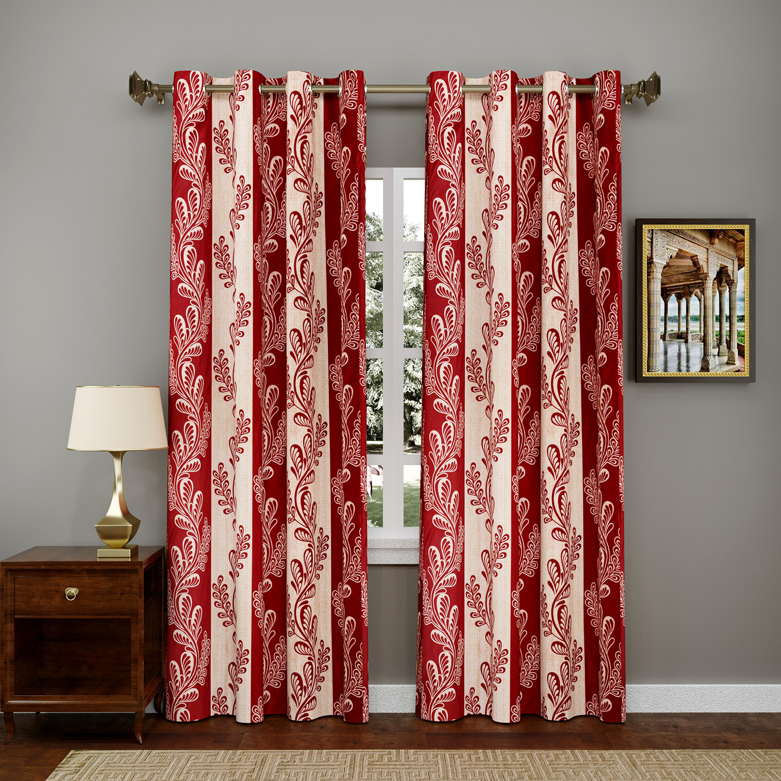 Kuber Industries Leaf Printed 7 Feet Door Curtain For Living Room, Bed Room, Kids Room With 8 Eyelet (Maroon)-HS43KUBMART25593