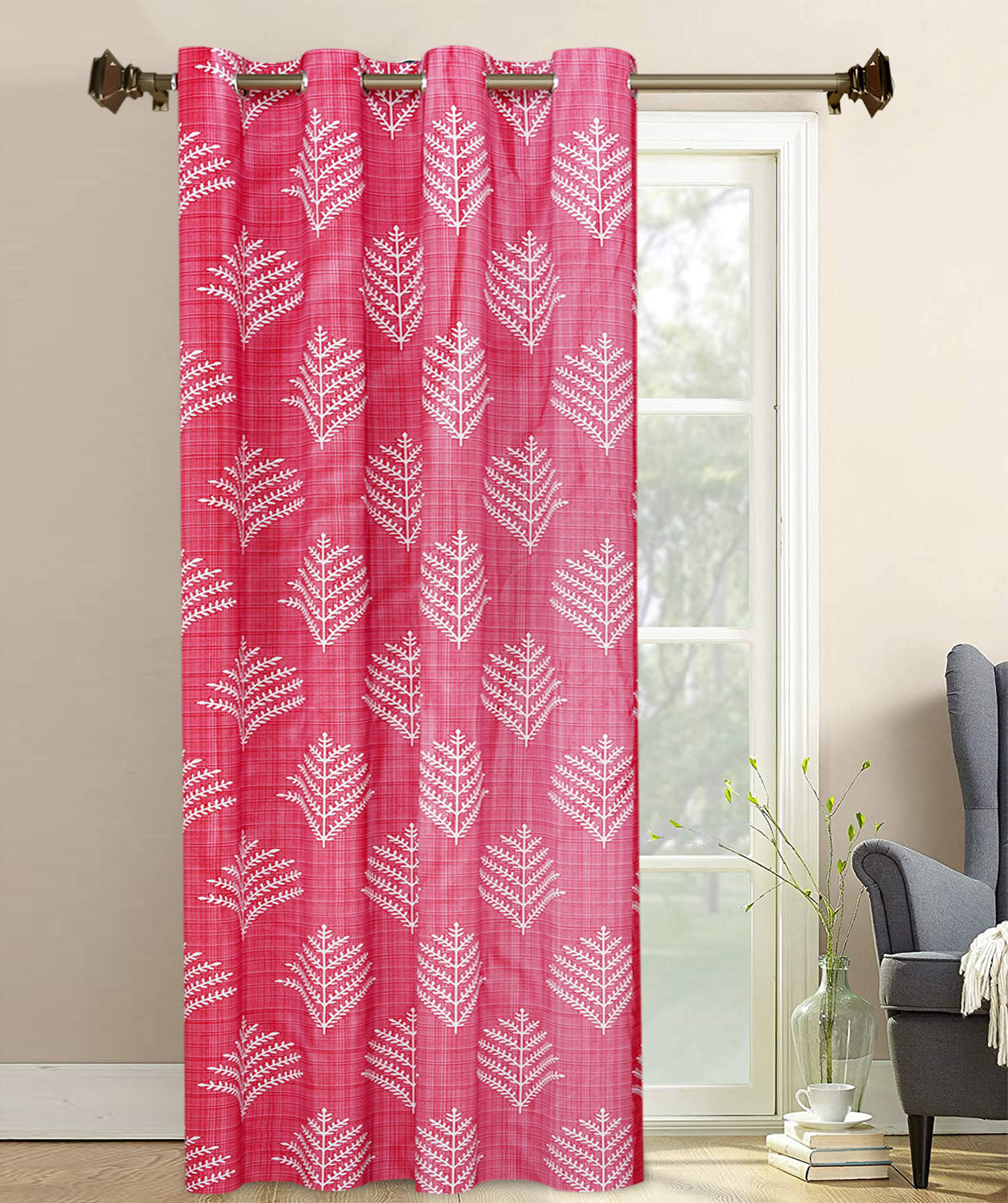 Kuber Industries Leaf Printed 7 Feet Door Curtain For Living Room, Bed Room, Kids Room With 8 Eyelet (Pink)-HS43KUBMART25585