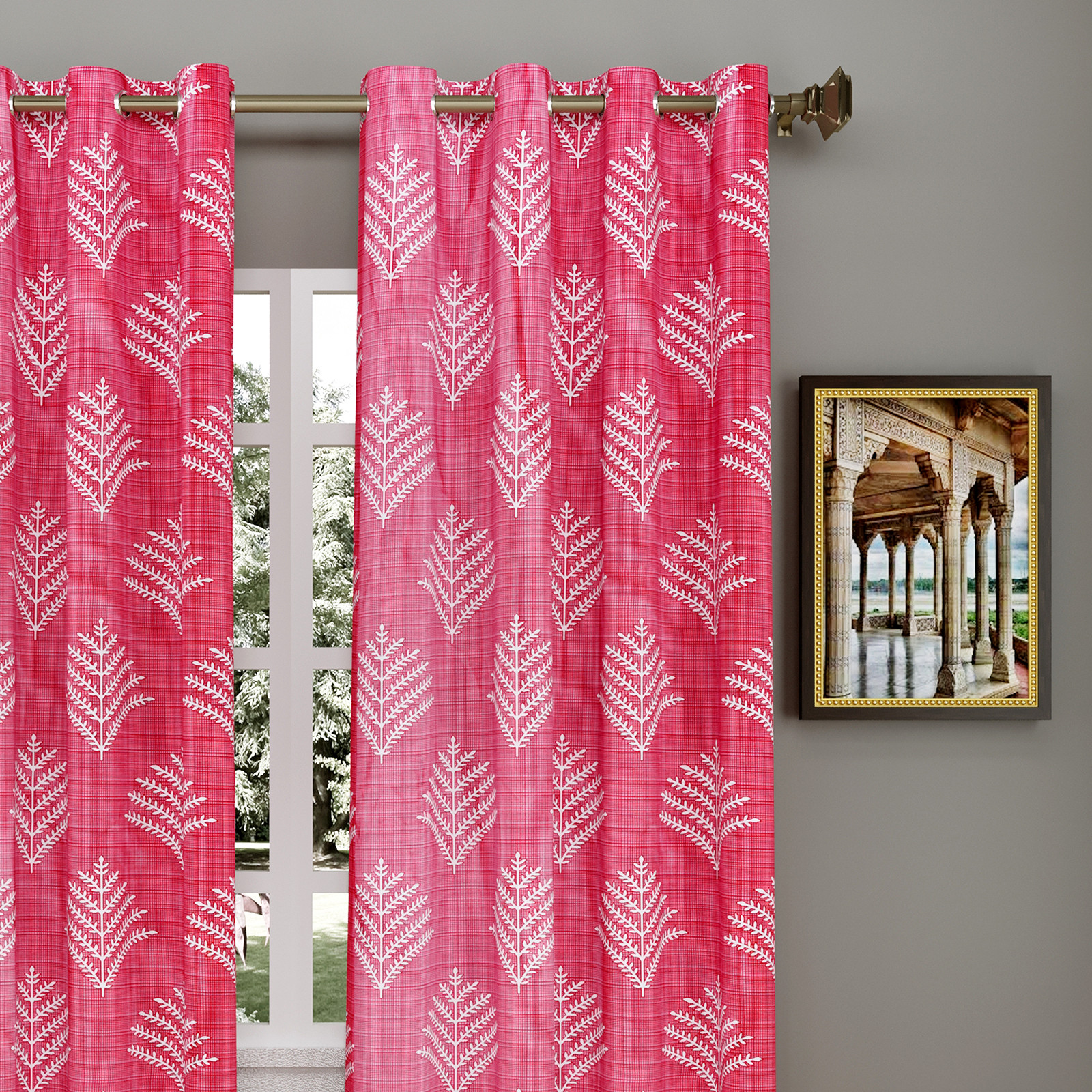 Kuber Industries Leaf Printed 7 Feet Door Curtain For Living Room, Bed Room, Kids Room With 8 Eyelet (Pink)-HS43KUBMART25585