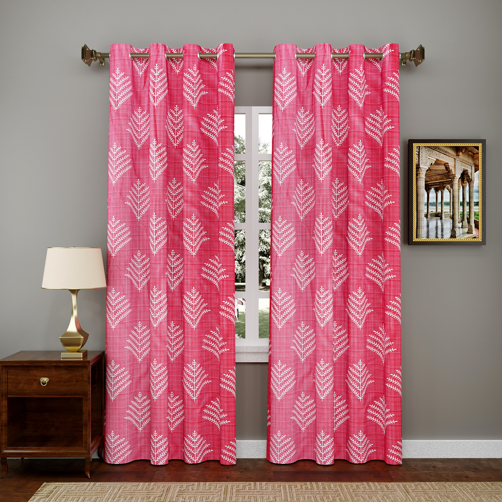 Kuber Industries Leaf Printed 7 Feet Door Curtain For Living Room, Bed Room, Kids Room With 8 Eyelet (Pink)-HS43KUBMART25585