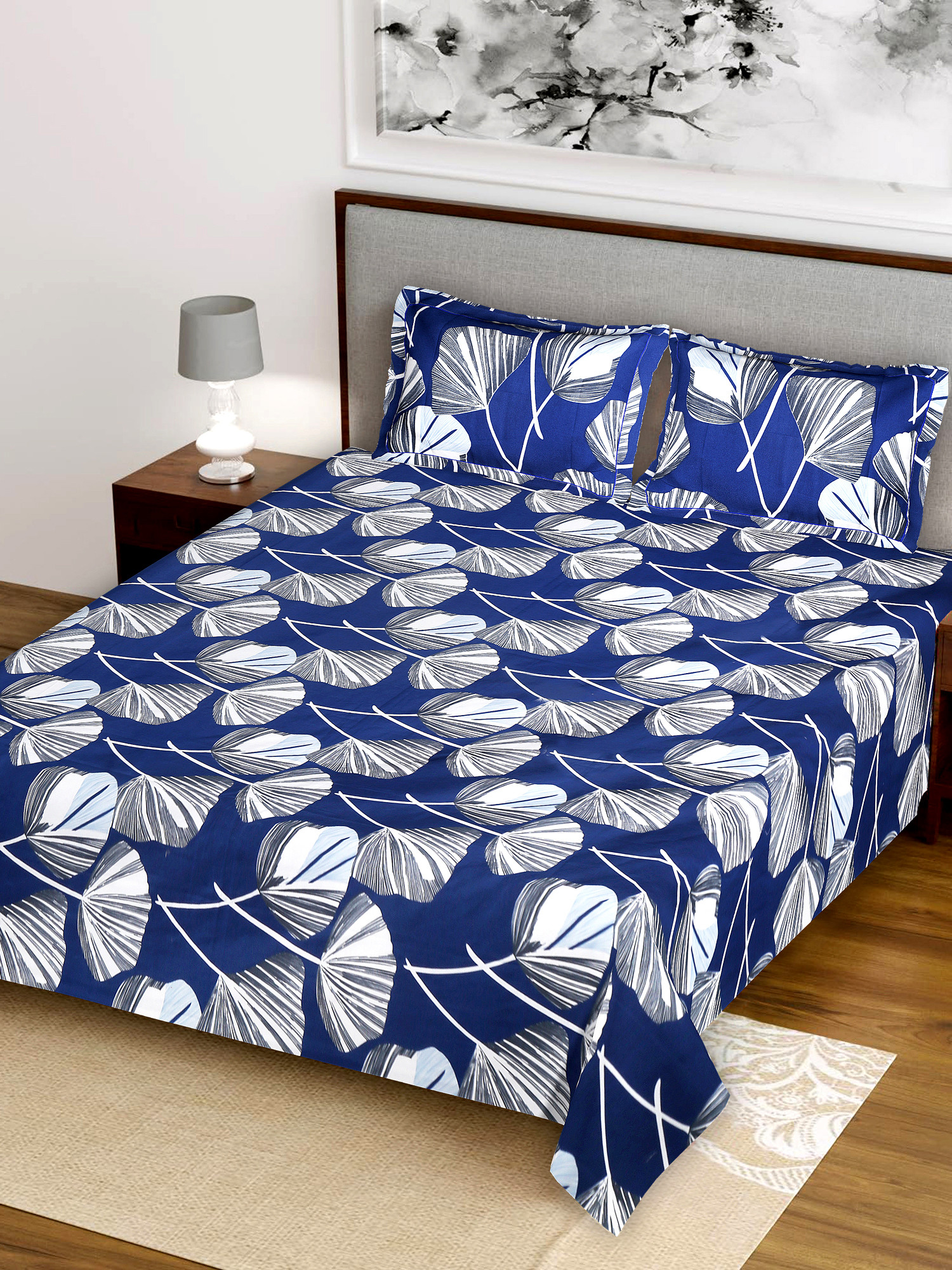 Kuber Industries leaf Printed Luxurious Soft Breathable & Comfortable Glace Cotton Double Bedsheet With 2 Pillow Covers (Blue)-HS43KUBMART26805
