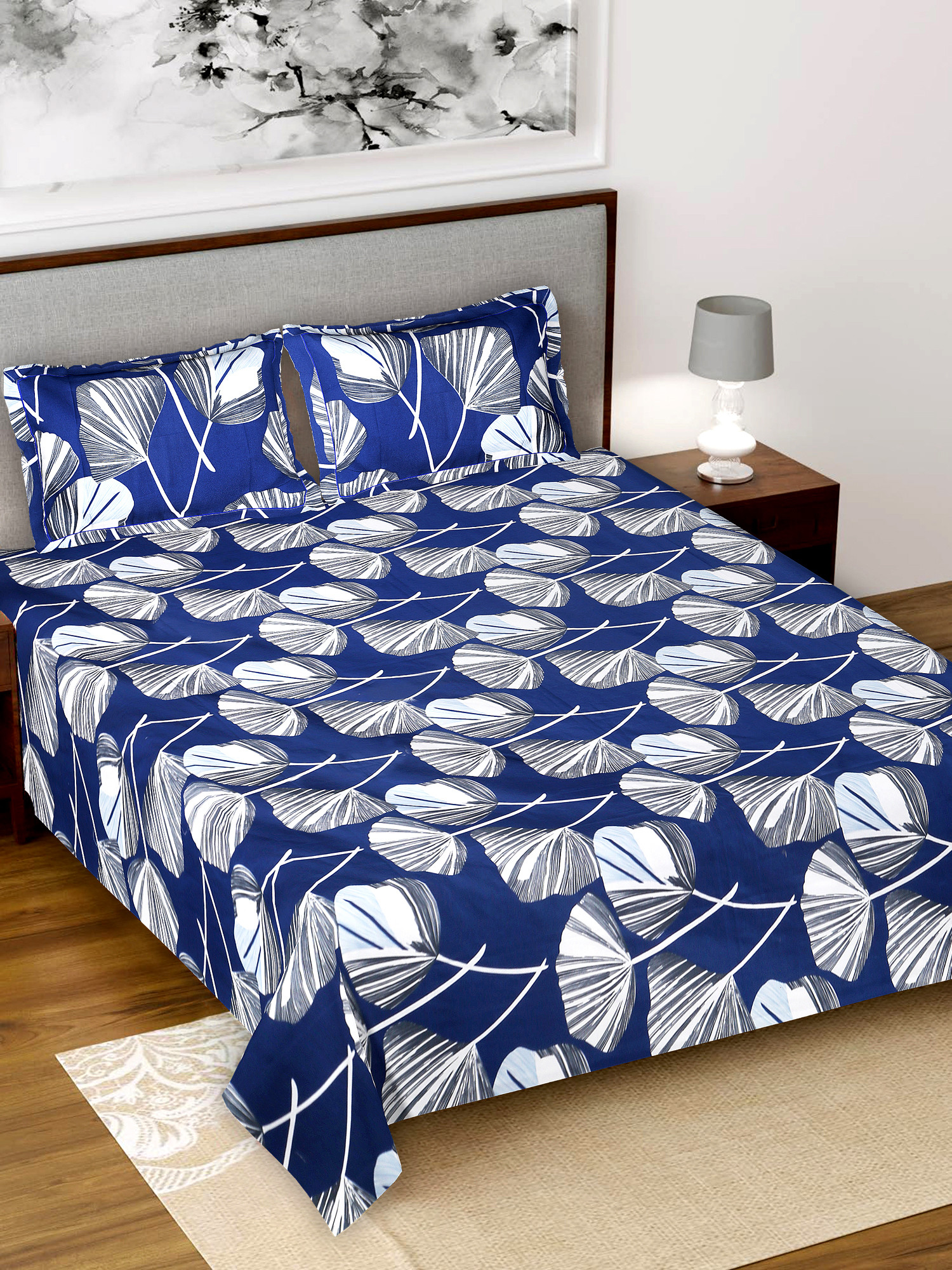 Kuber Industries leaf Printed Luxurious Soft Breathable & Comfortable Glace Cotton Double Bedsheet With 2 Pillow Covers (Blue)-HS43KUBMART26805