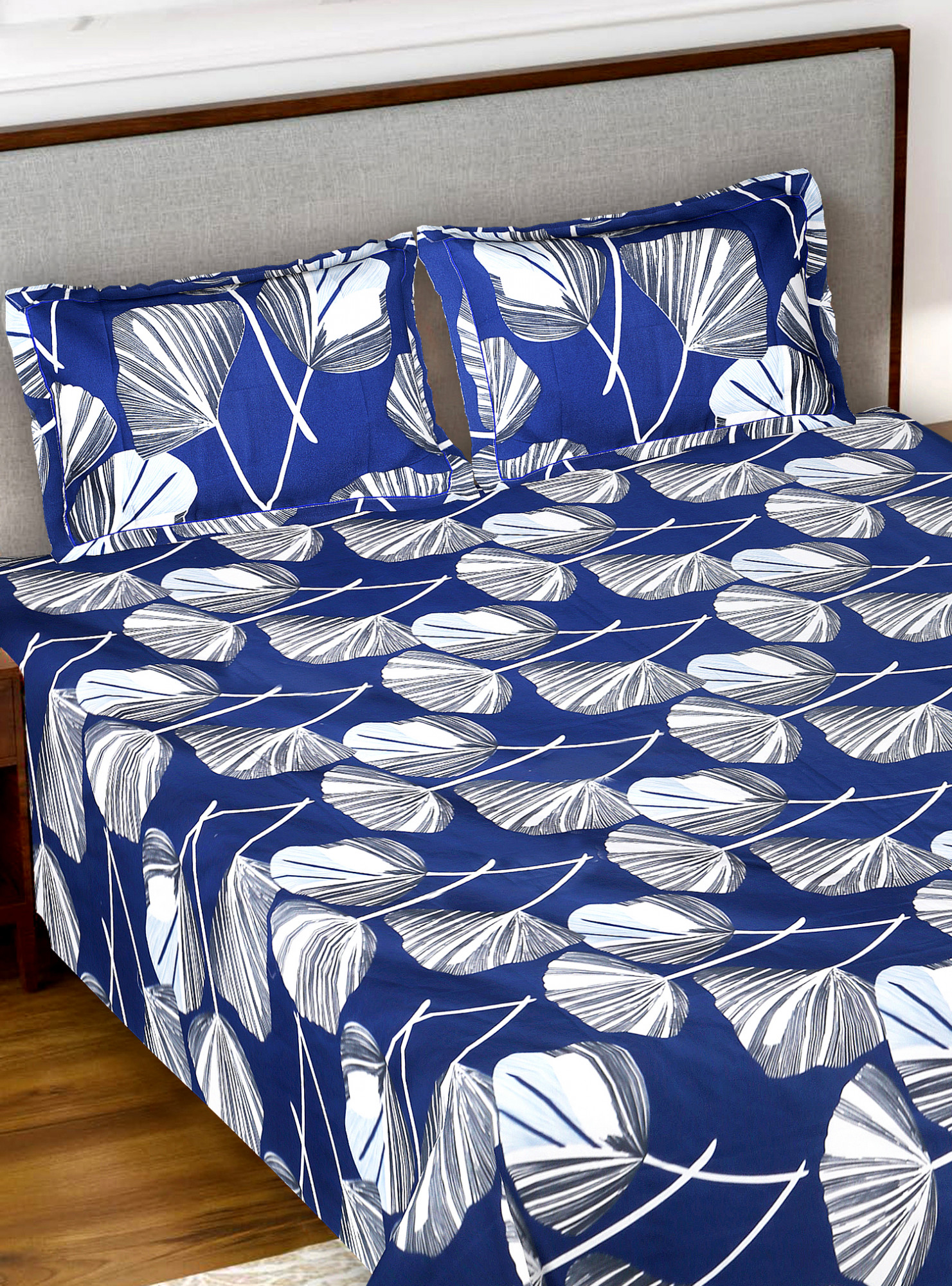 Kuber Industries leaf Printed Luxurious Soft Breathable & Comfortable Glace Cotton Double Bedsheet With 2 Pillow Covers (Blue)-HS43KUBMART26805