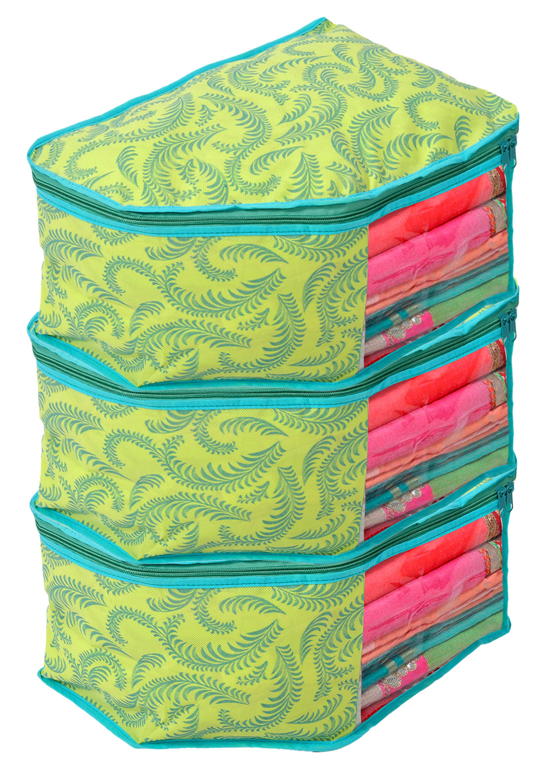 Kuber Industries Leaf Printed Non-Woven Blouse Cover/Organizer With Front Window- (Green)-44KM0529
