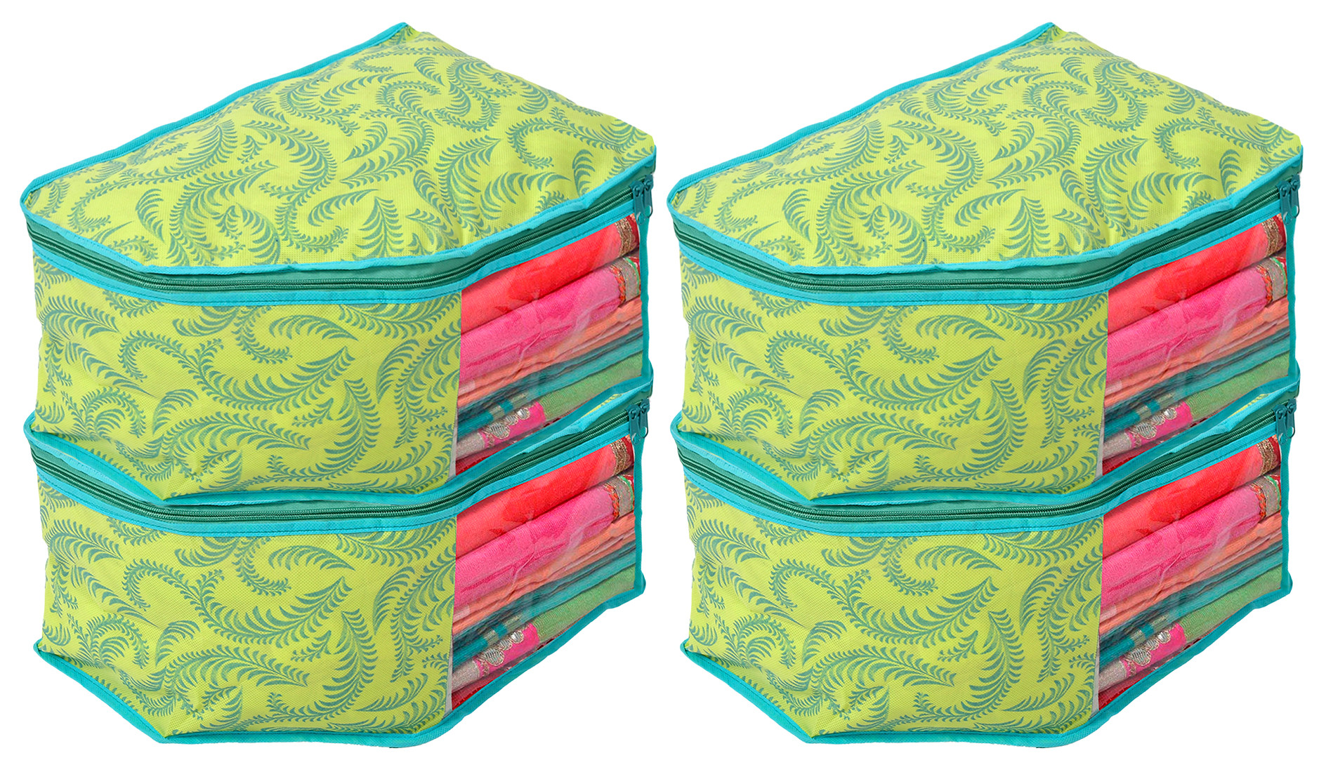 Kuber Industries Leaf Printed Non-Woven Blouse Cover/Organizer With Front Window- (Green)-44KM0529