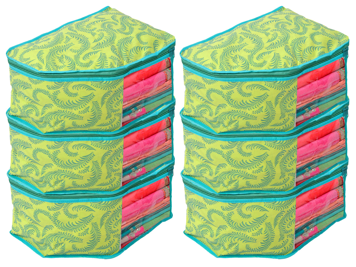 Kuber Industries Leaf Printed Non-Woven Blouse Cover/Organizer With Front Window- (Green)-44KM0529